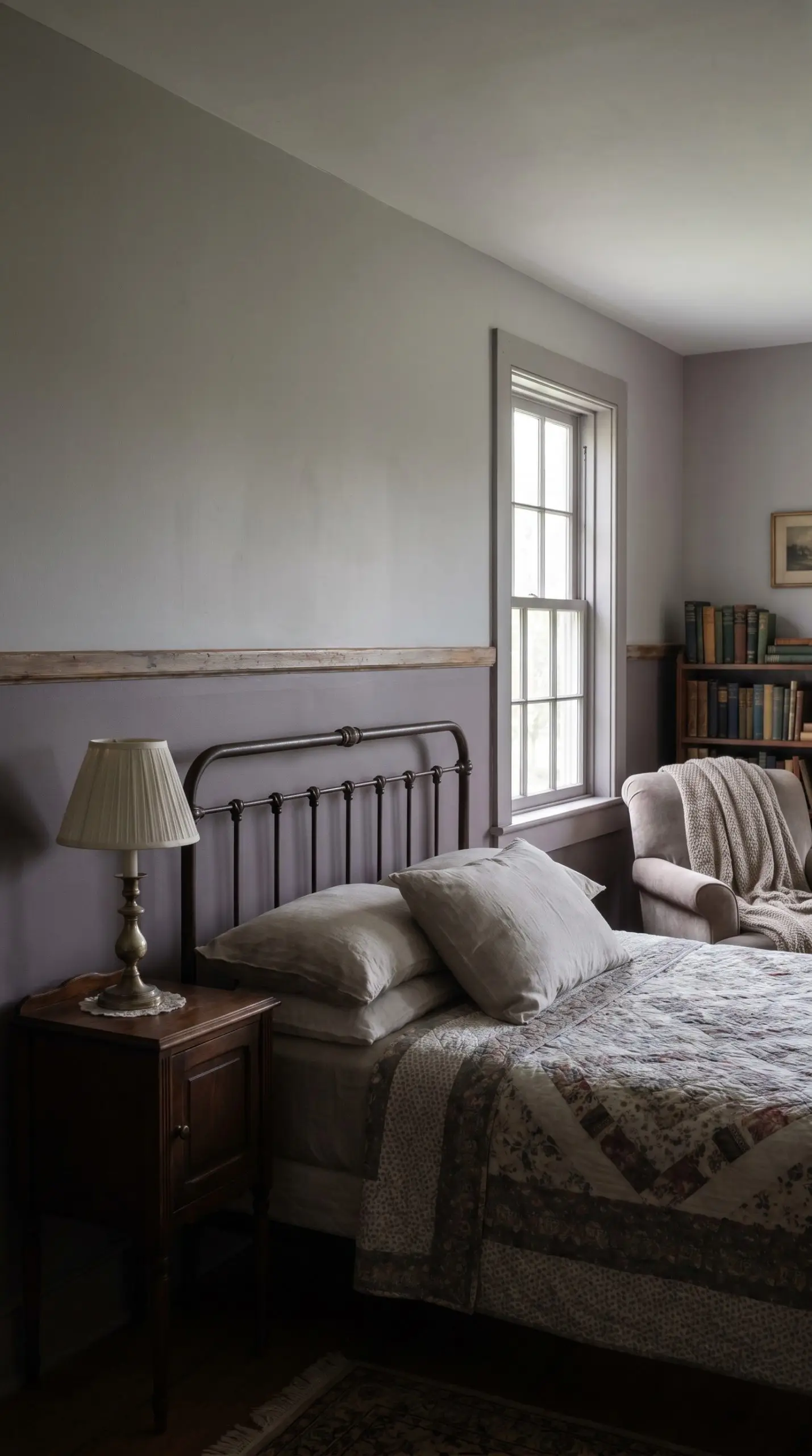 A vintage-inspired metal bed frame sits against a transition line separating a deep muted mauve lower wall and a soft lavender upper section.