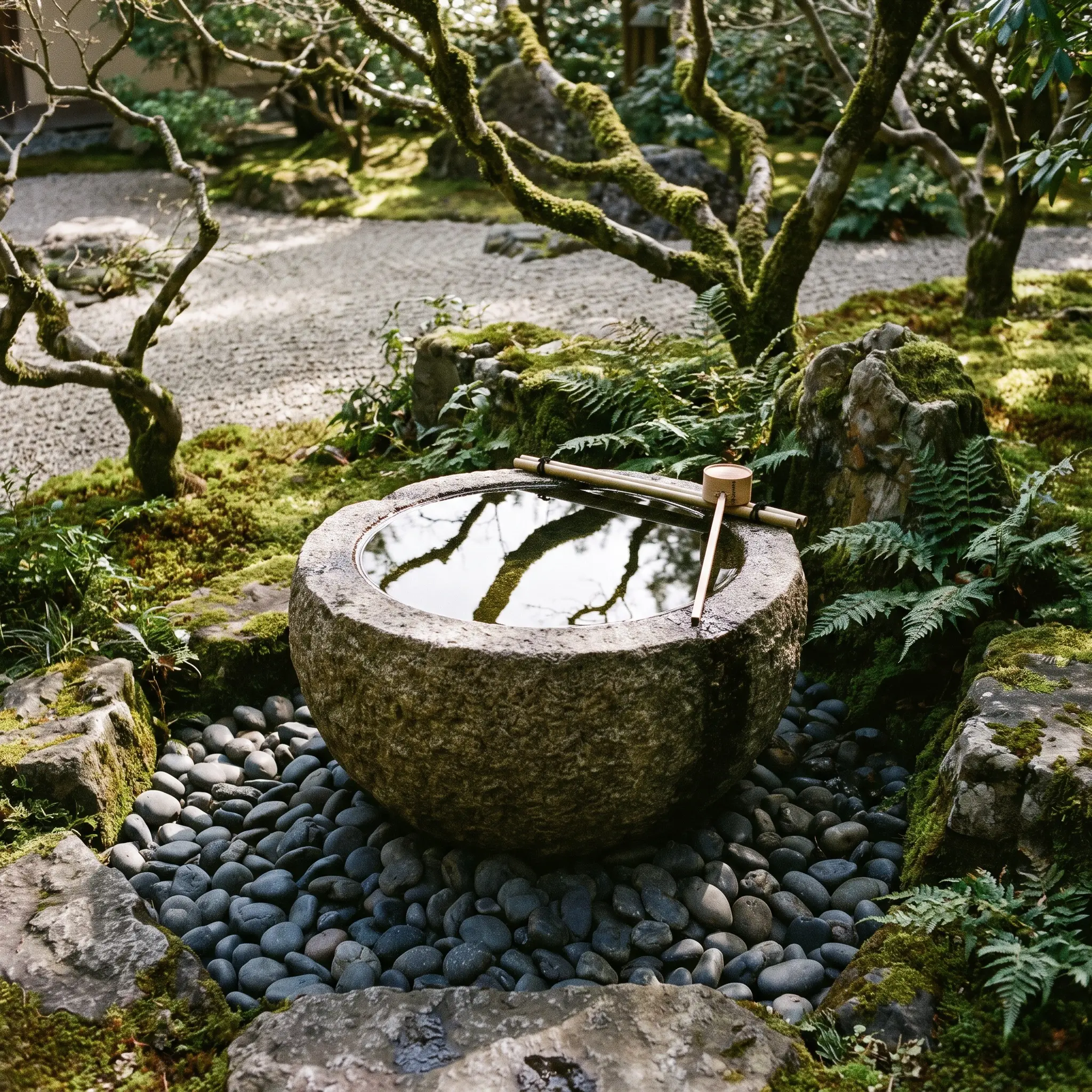 A low hand-carved solid granite Tsukubai water basin sits surrounded by smooth dark river rocks in a shaded corner of a zen garden.