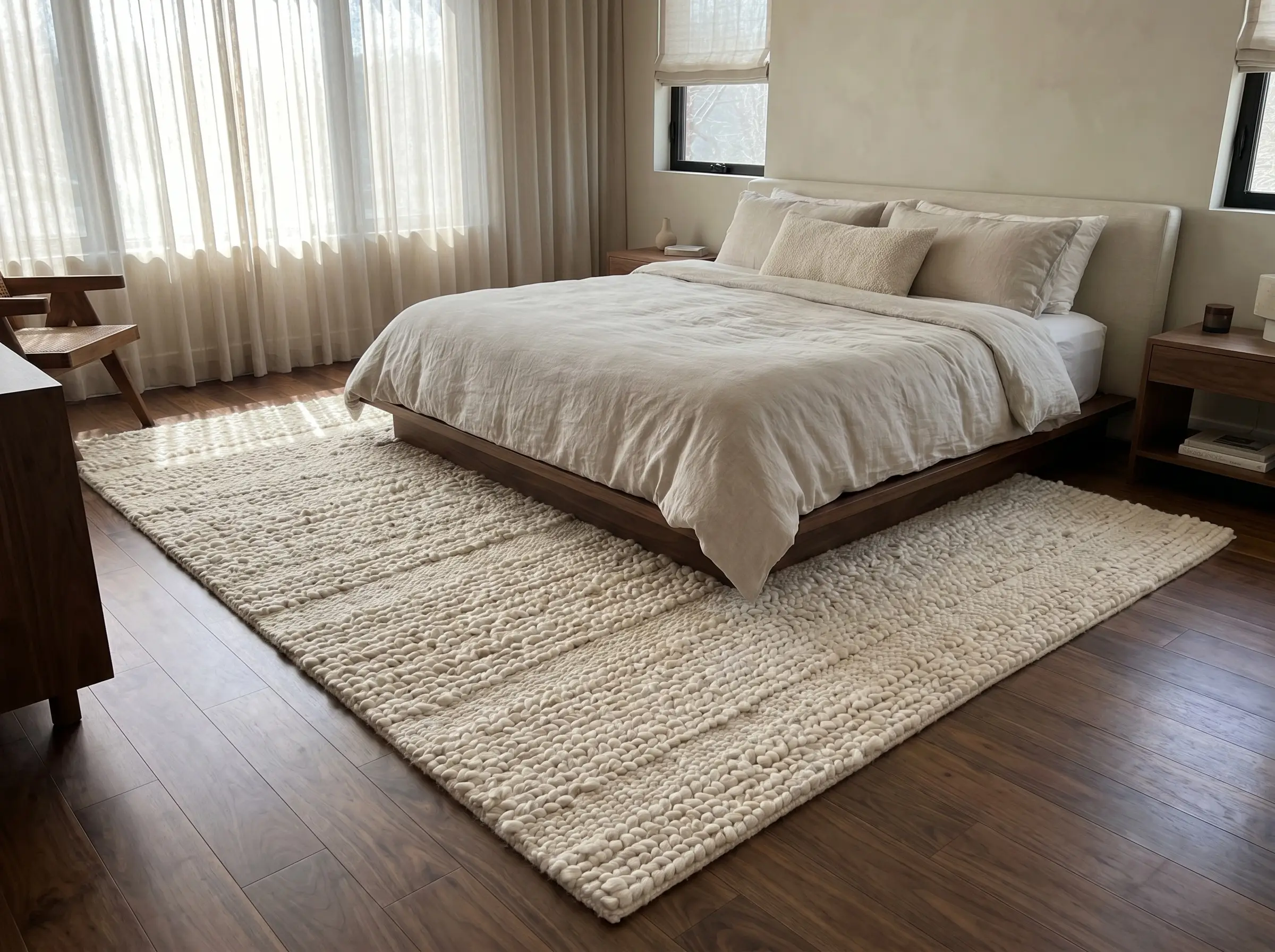 A massive plush hand-knotted wool rug with tonal textures anchors a luxurious bed on hardwood floors, establishing passive yin and yang energy for Feng Shui home decorating.