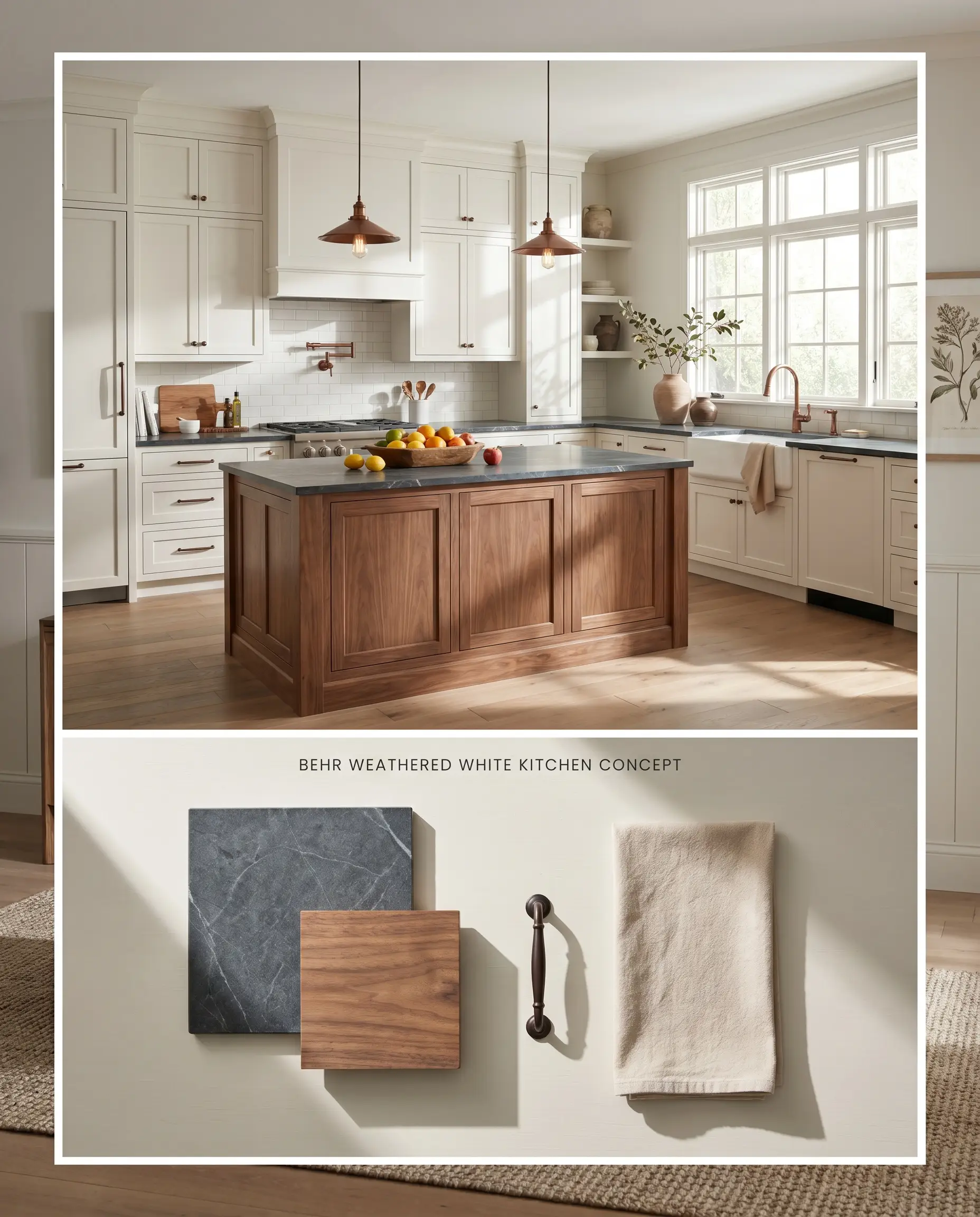 A split digital conceptual board for a high-end kitchen featuring Behr Weathered White cabinetry above and physical soapstone and walnut samples below.