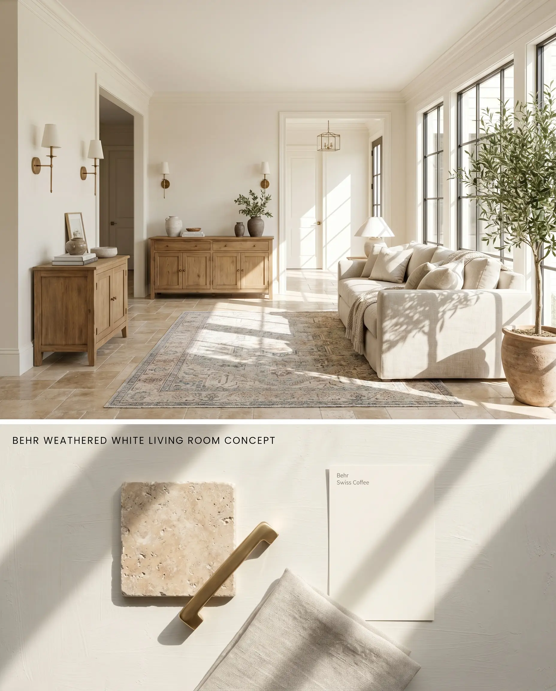 A split digital conceptual board for a transitional living space, showing a soft foggy gray room above and physical travertine and brass materials below.