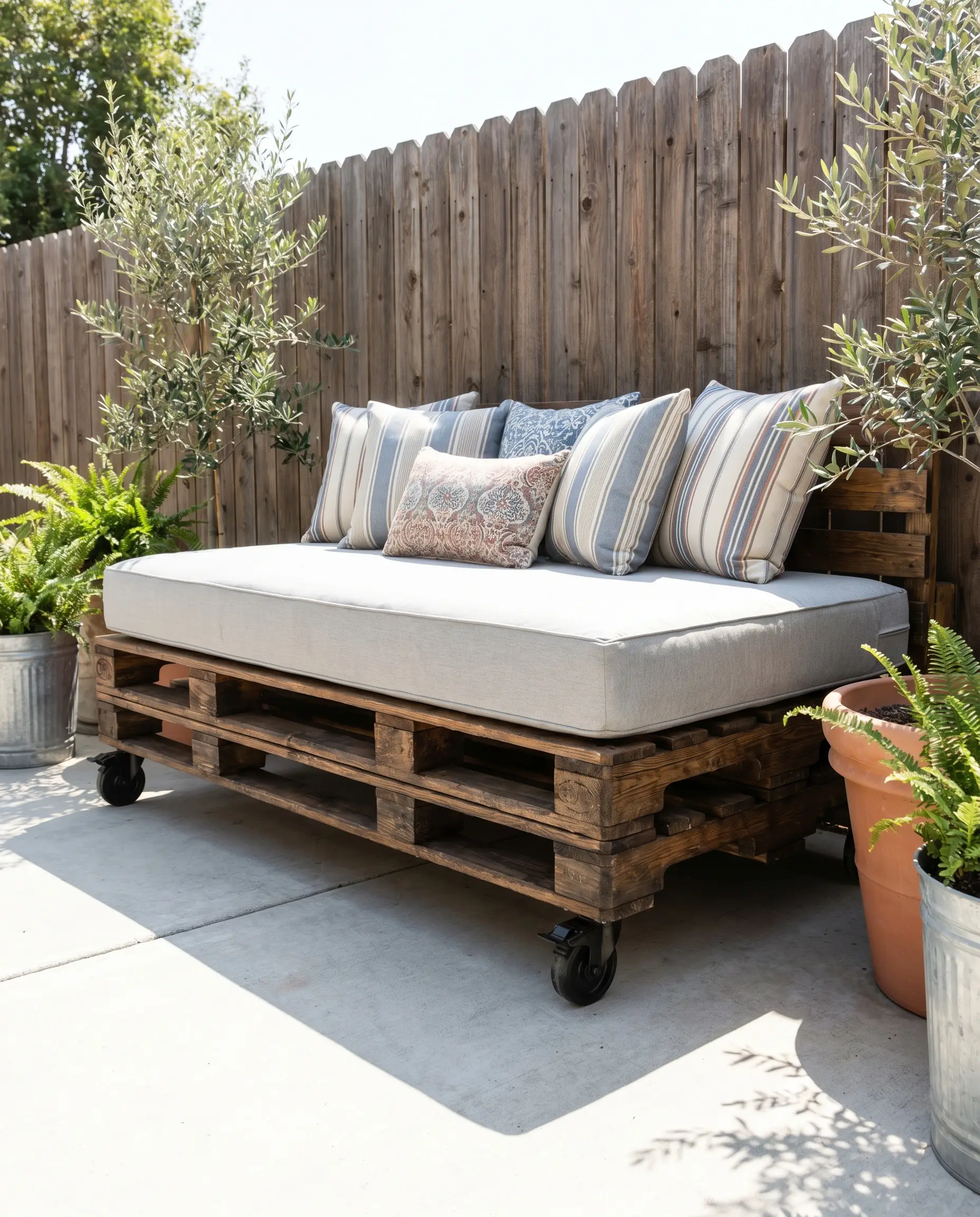A double-stacked outdoor daybed frame constructed from joined Euro pallets on heavy-duty casters supports a twin-size mattress on an approachable concrete patio.