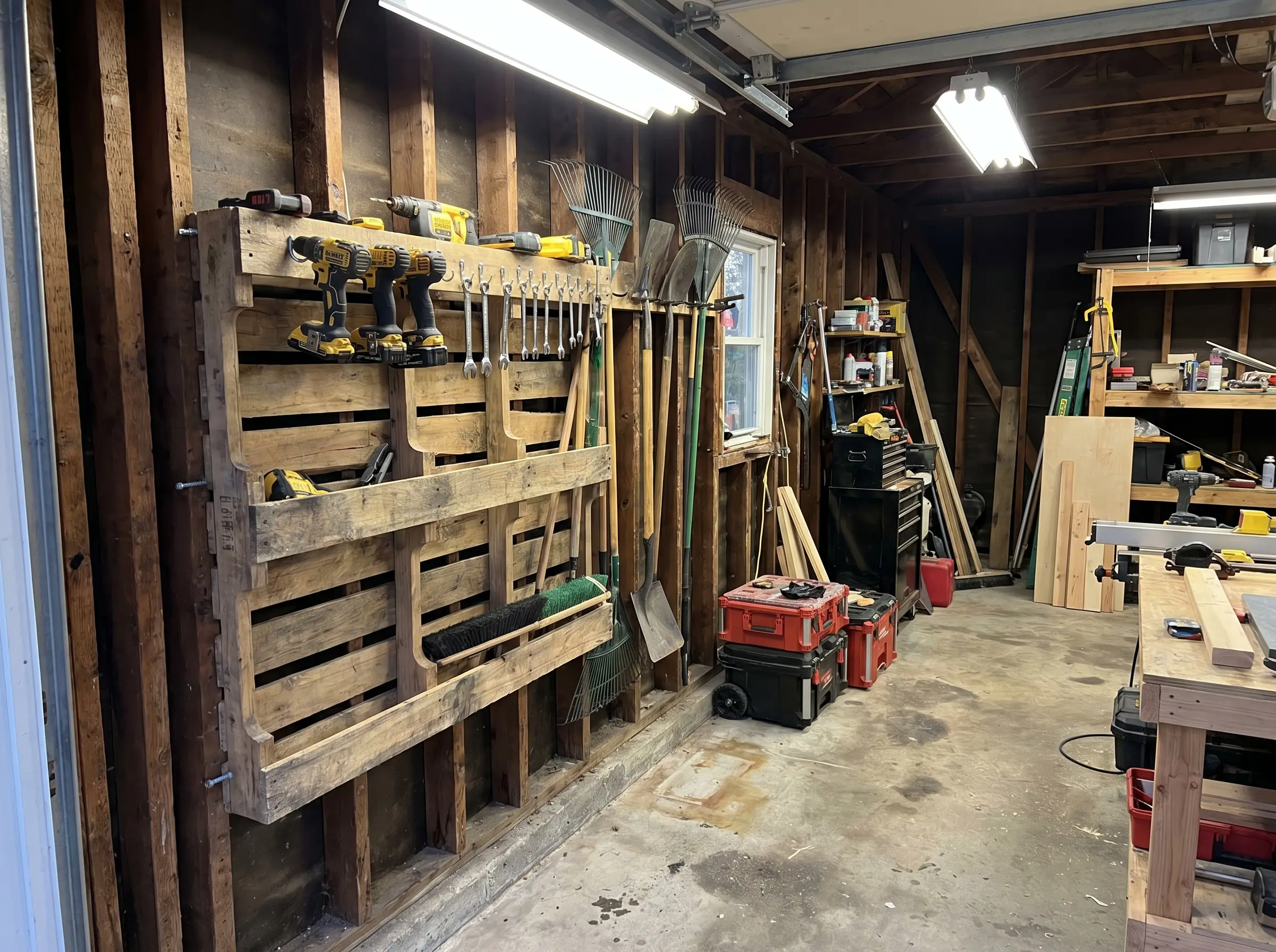 A heavy-duty tool organizer panel utilizing a fully intact wooden structure mounts directly to exposed garage studs, holding rakes, power drills, and brooms.
