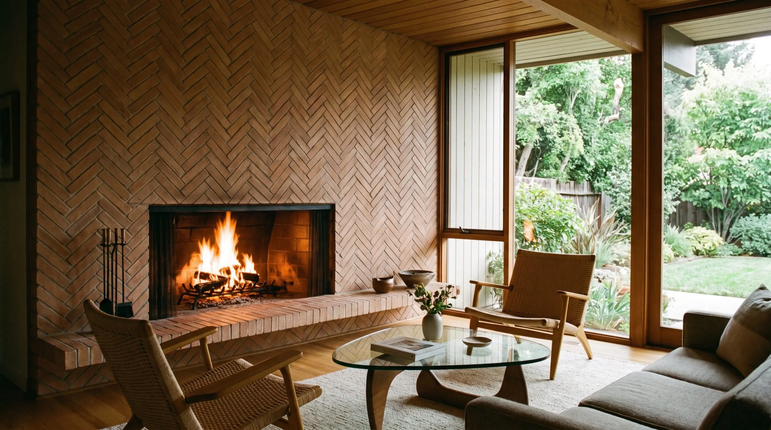 A wide surround built with elongated fireclay Roman bricks forces the eye horizontally across a mid-century modern living room featuring a low-slung walnut coffee table.