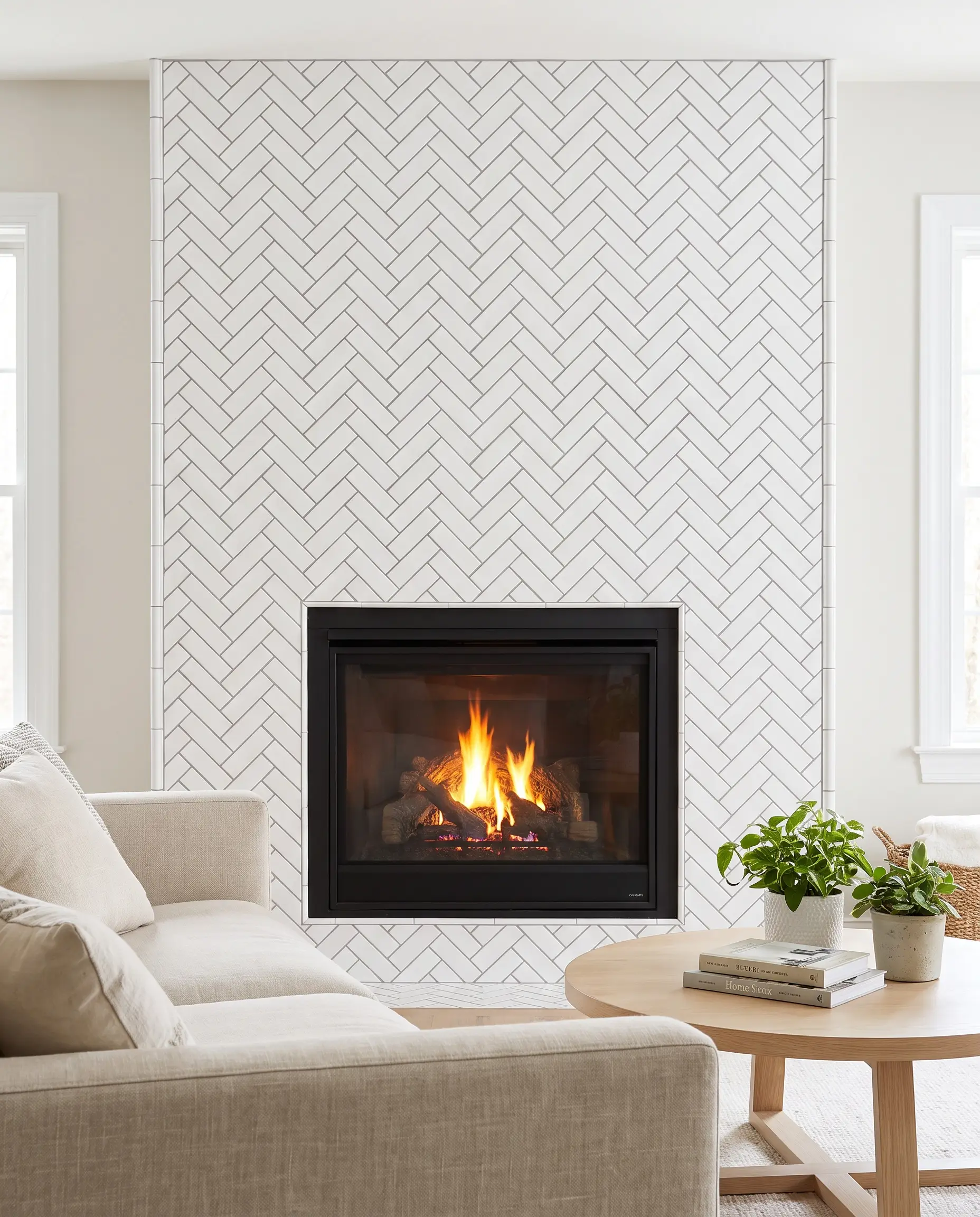 A classic fireplace surround utilizes white ceramic subway tile installed with dove gray grout and ceramic pencil trim alongside a neutral fabric sofa.