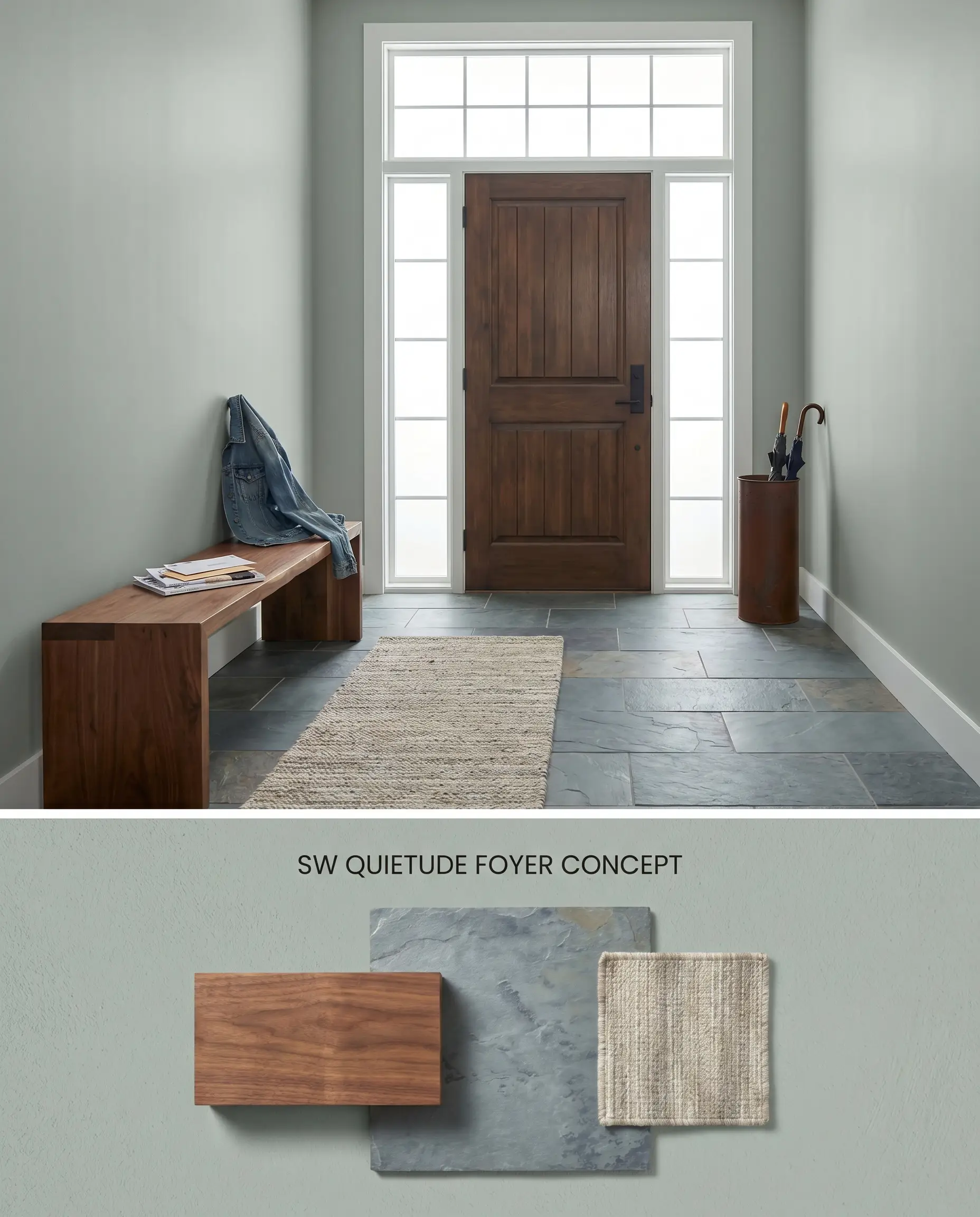 A split digital conceptual board for a welcoming foyer presenting sage green walls above a physical flat-lay containing slate pavers, walnut wood, and a woven rug swatch.