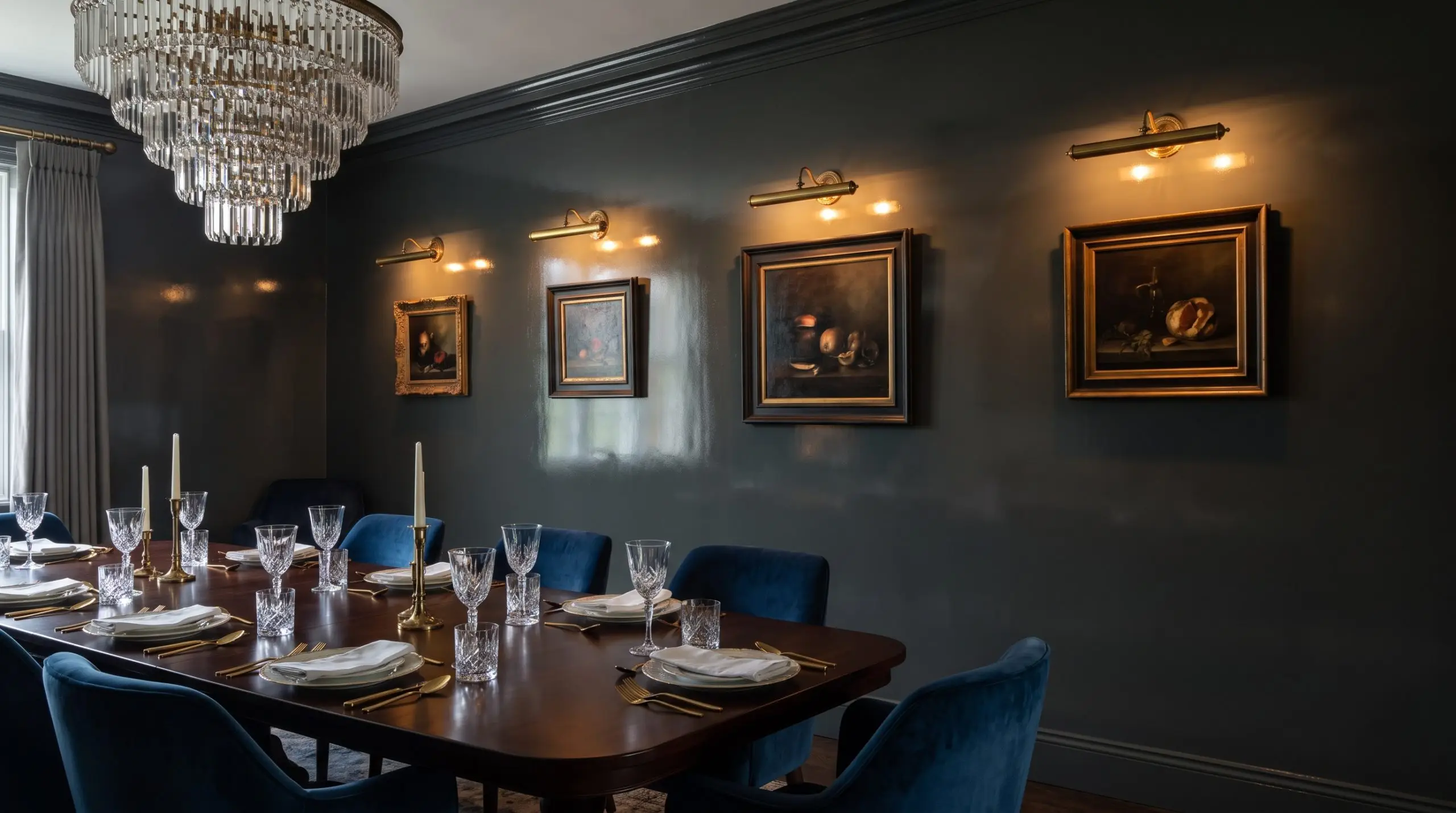 A high-gloss carriage green accent wall reflects light from brass picture lights over a dark mahogany dining table and velvet dining chairs.