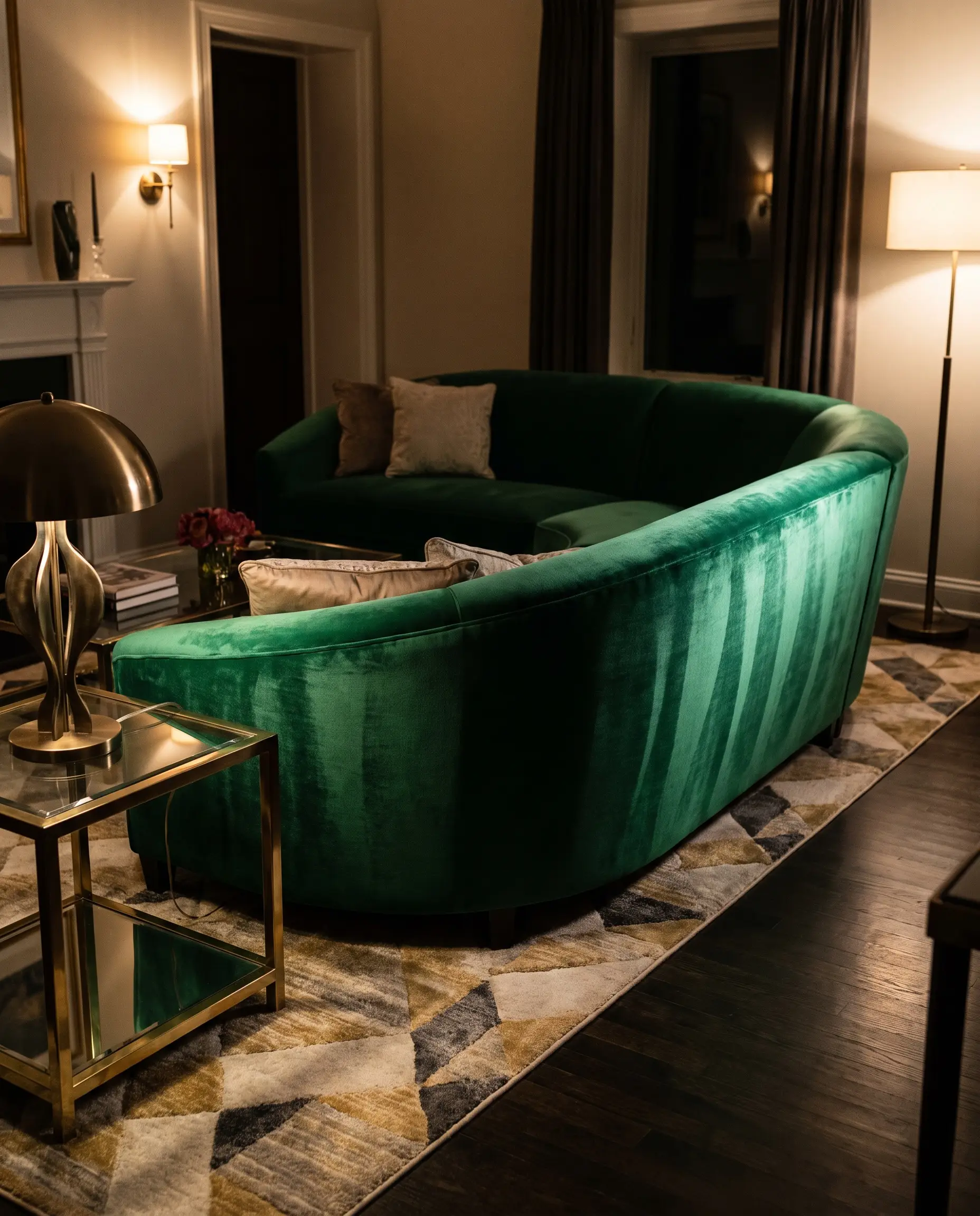 A sleek premium high-sheen cotton velvet curved sofa rests on a plush geometric rug alongside a metallic side table in an Art Deco-inspired space.