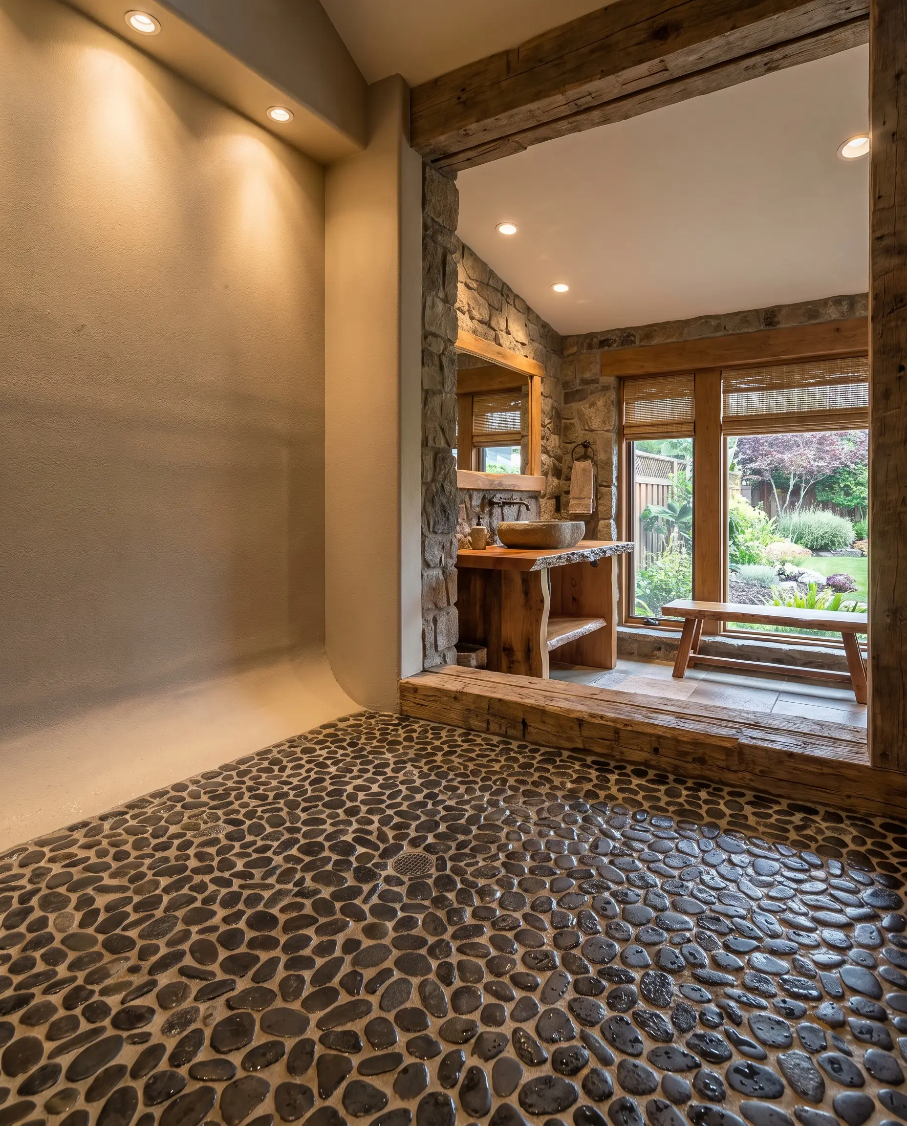 Flat-sliced basalt pebbles form a high-traction mosaic floor inside a rustic shower enclosure surrounded by organic stone walls and warm wood tones.
