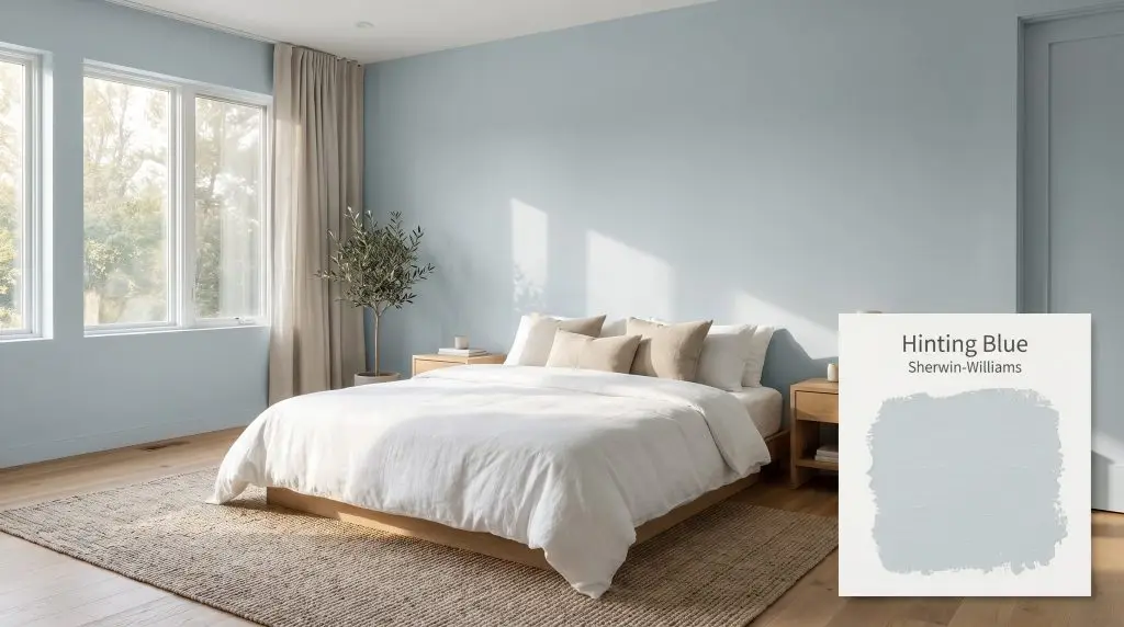 Crisp white linen bedding and natural oak hardwood floors fill a serene bedroom painted in Sherwin-Williams Hinting Blue (Hex #CED9DD).