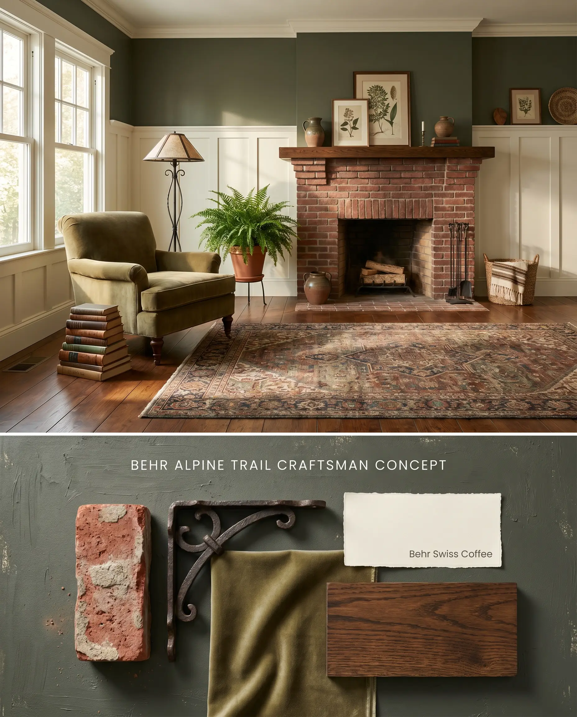 A split digital conceptual board for a historic craftsman living space featuring upper walls in Behr Alpine Trail, with a bottom section displaying red brick and olive velvet.