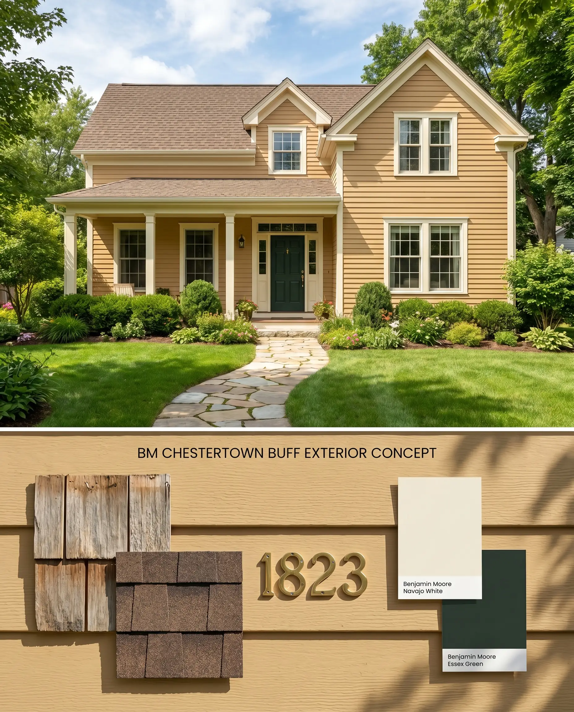 A split digital conceptual board for an exterior facade with Chestertown Buff clapboard siding, while the bottom section arranges weathered cedar shakes and brown architectural shingles.