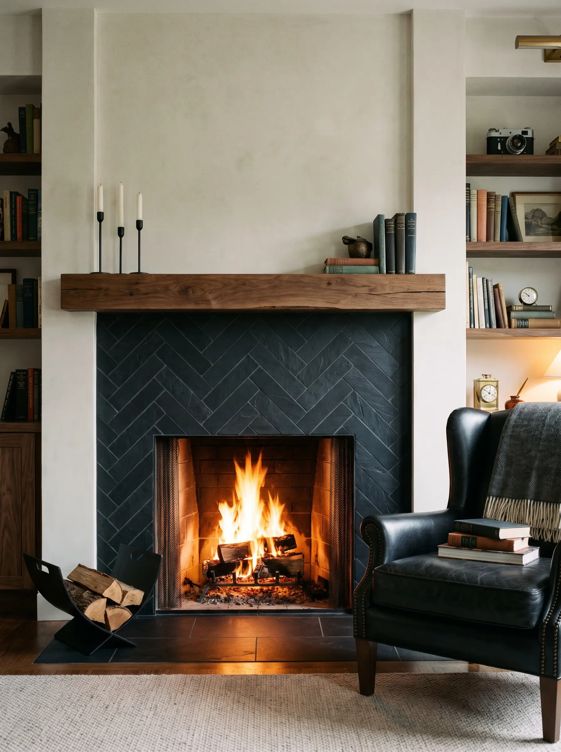 A transitional fireplace surround clad in honed black slate tiles with charcoal gray grout contrasts against light plaster walls and a raw walnut mantelpiece.