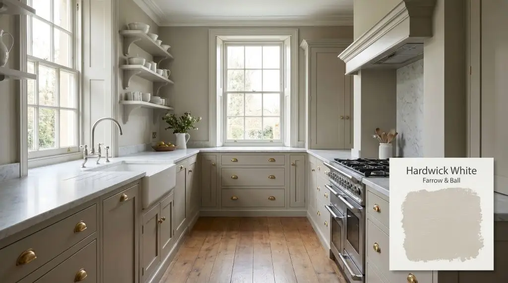 Traditional kitchen cabinetry finished in Farrow & Ball Hardwick White (Hex #b2ada0) pairs elegantly with honed Carrara marble countertops and unlacquered brass hardware.