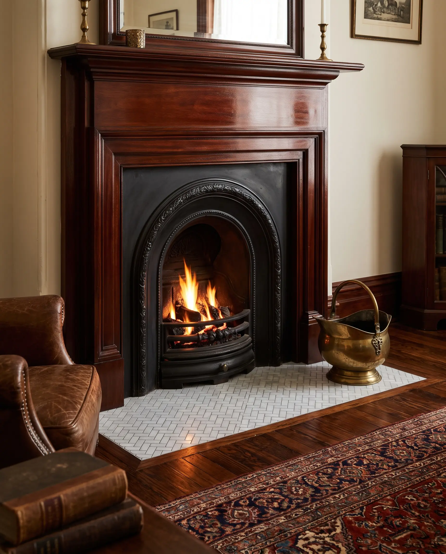 A micro-mosaic hearth floor made of honed Carrara marble tiles sits beneath an ornate cast-iron fireplace insert and a polished mahogany surround.