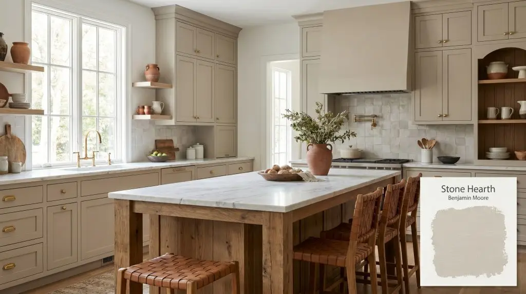 Unlacquered brass hardware and honed marble countertops accent kitchen cabinets painted in Benjamin Moore Stone Hearth (Hex #C4BAAA) alongside a rustic oak island.