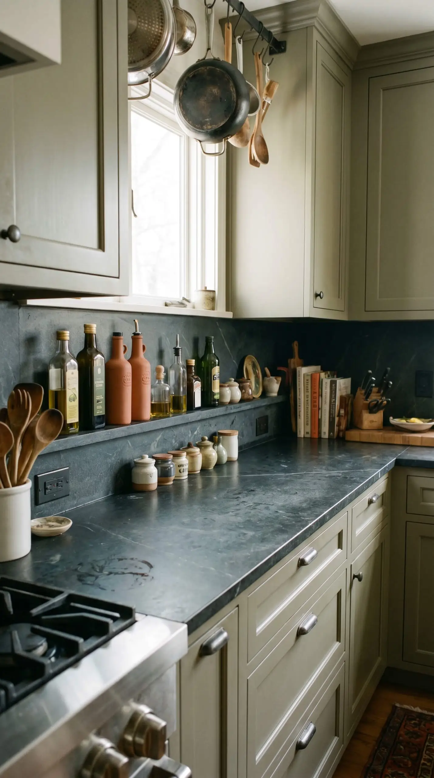A honed charcoal soapstone backsplash features a seamlessly integrated four-inch ledge above matching soapstone countertops and accessible luxury cabinetry painted in Farrow & Ball Treron.