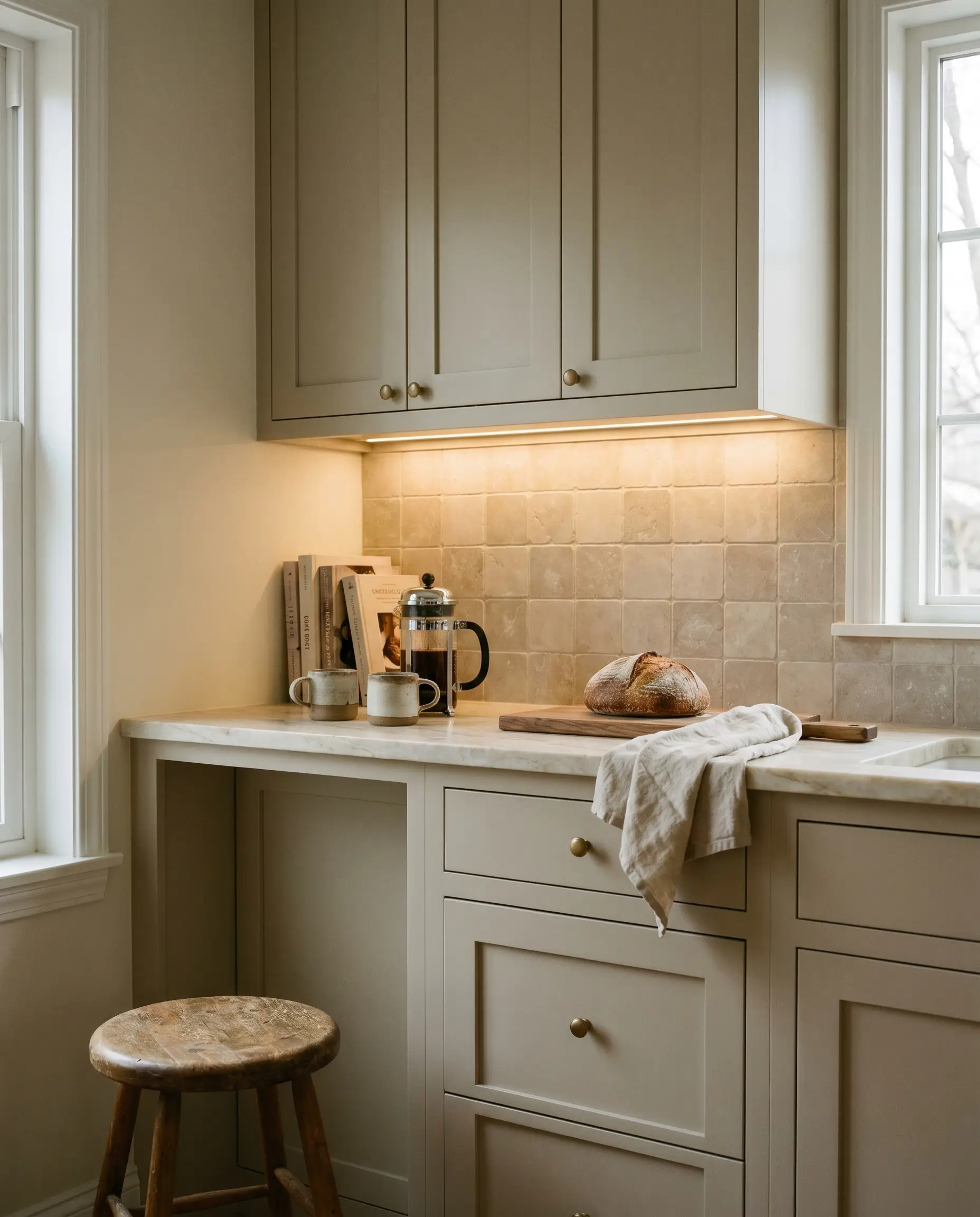 A 4x4-inch honed limestone kitchen backsplash tile in soft taupe rests above creamy quartzite countertops and organic cabinetry painted in Farrow & Ball Drop Cloth.