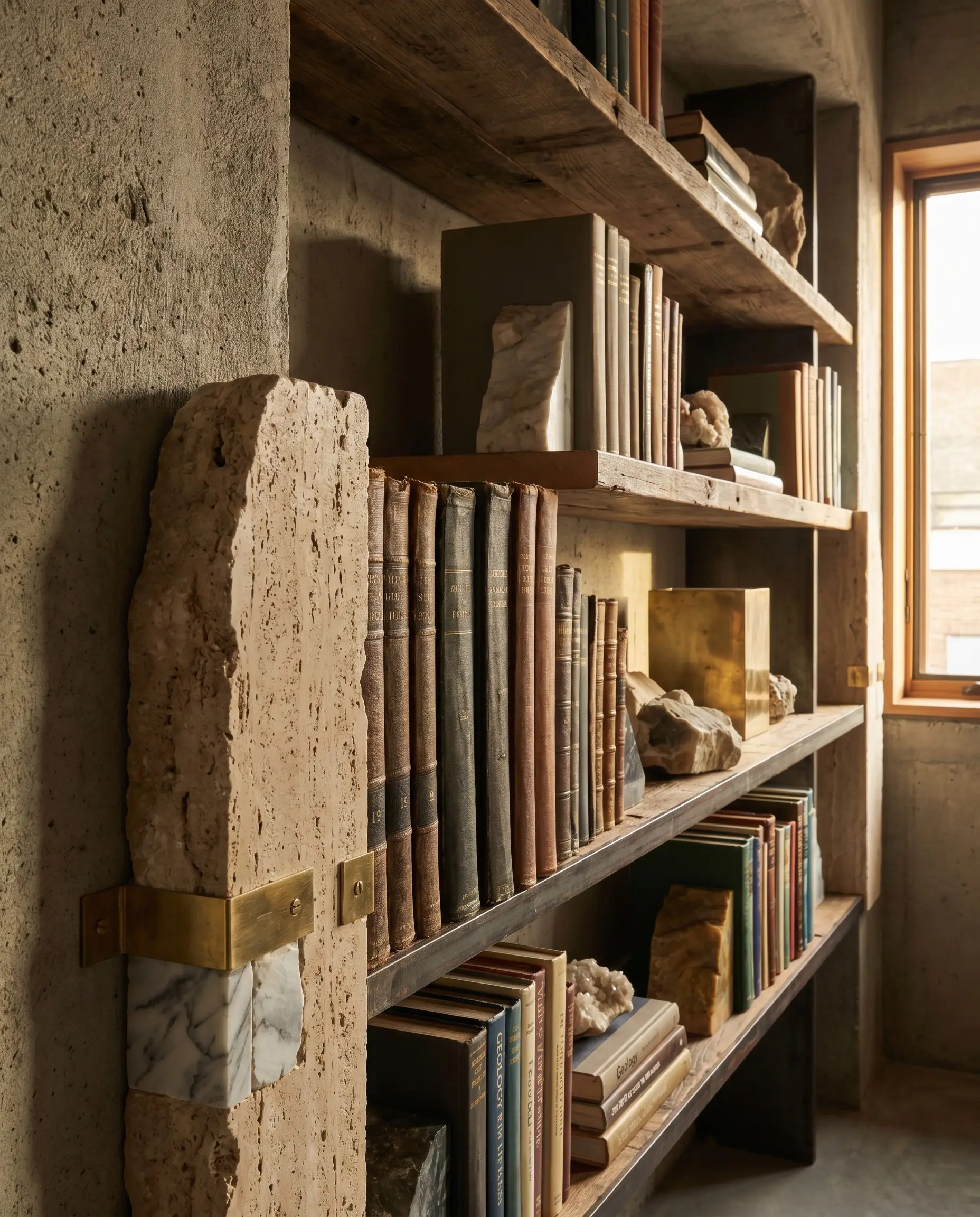 A massive honed travertine bookend pins a row of heavy volumes tightly against the side wall of an architectural alcove alongside raw marble offcuts.