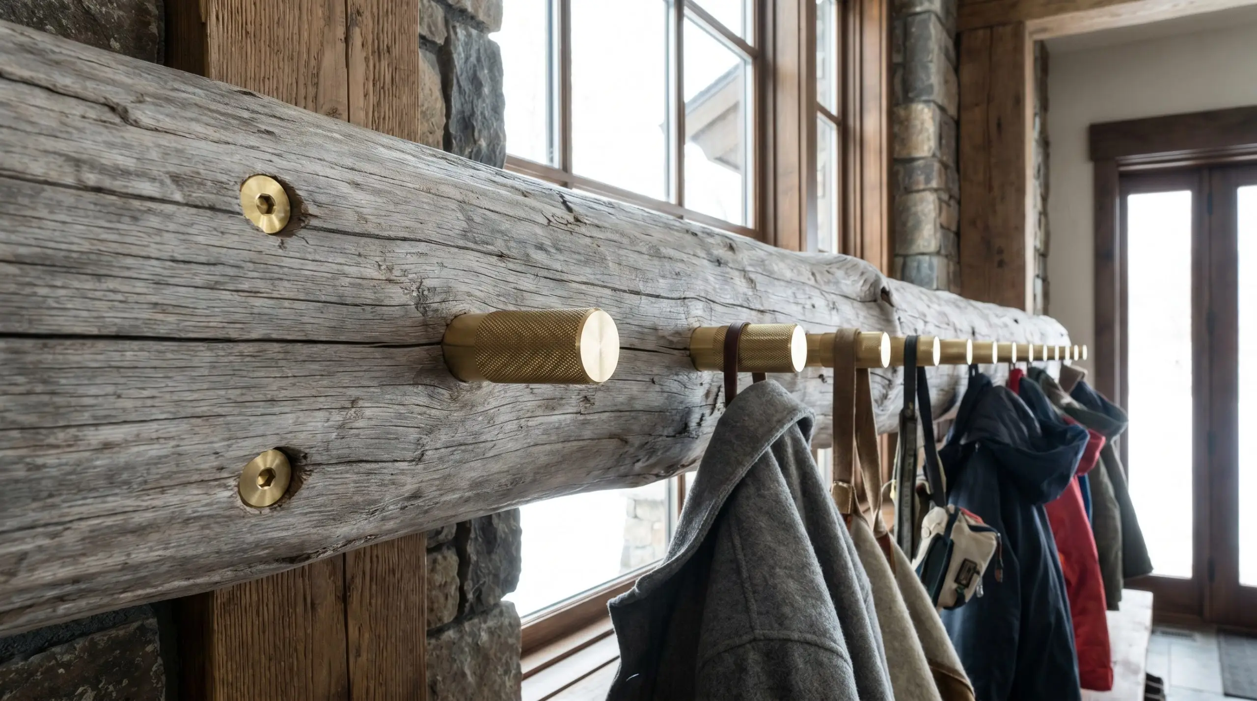 A thick horizontal driftwood log fitted with precision-milled solid brass industrial hardware pegs is mounted securely to a well-lit mudroom wall.