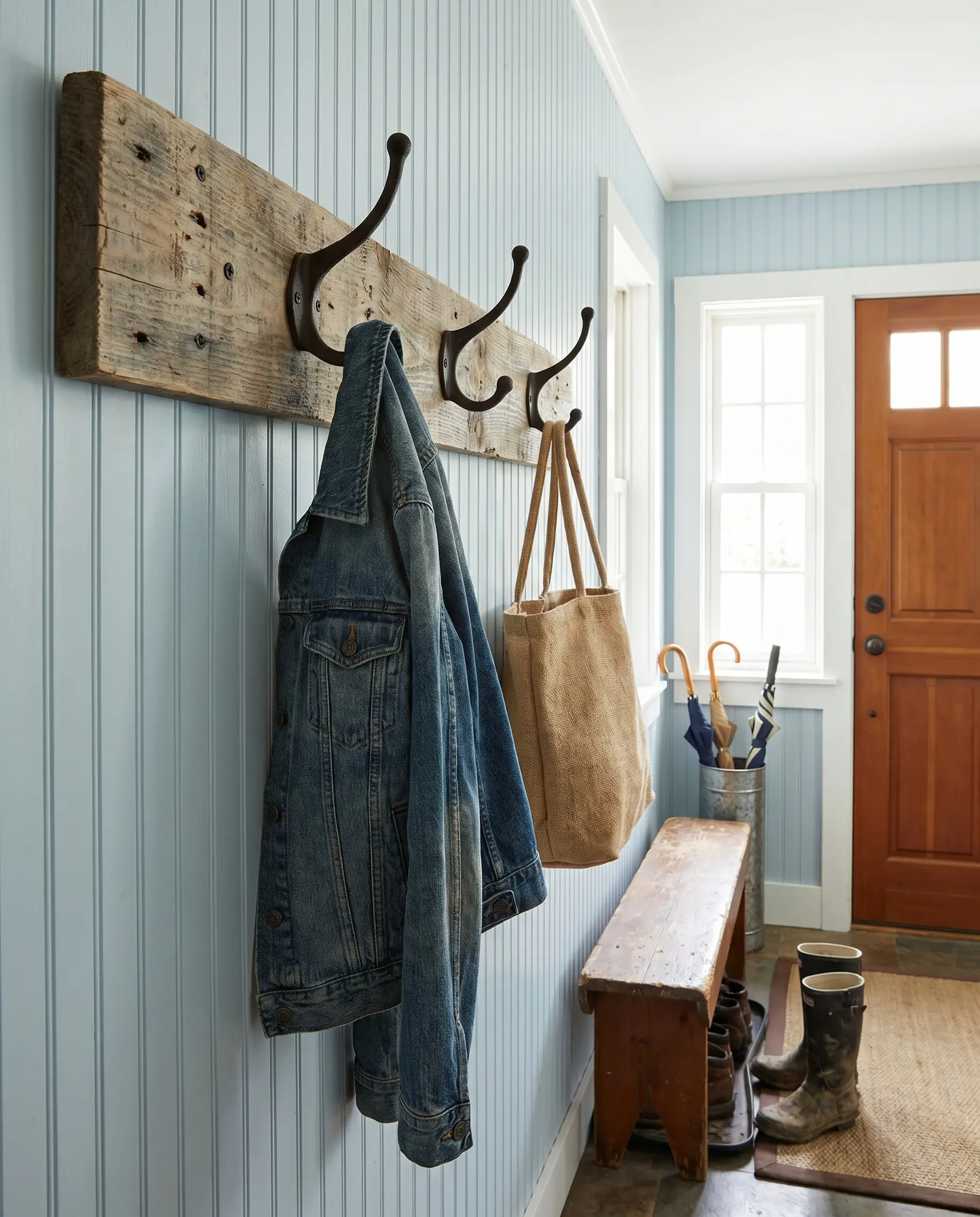 A robust horizontal coat rack made from a thick load-bearing stringer features oversized double-pronged cast-iron hooks holding a denim jacket and tote bag.