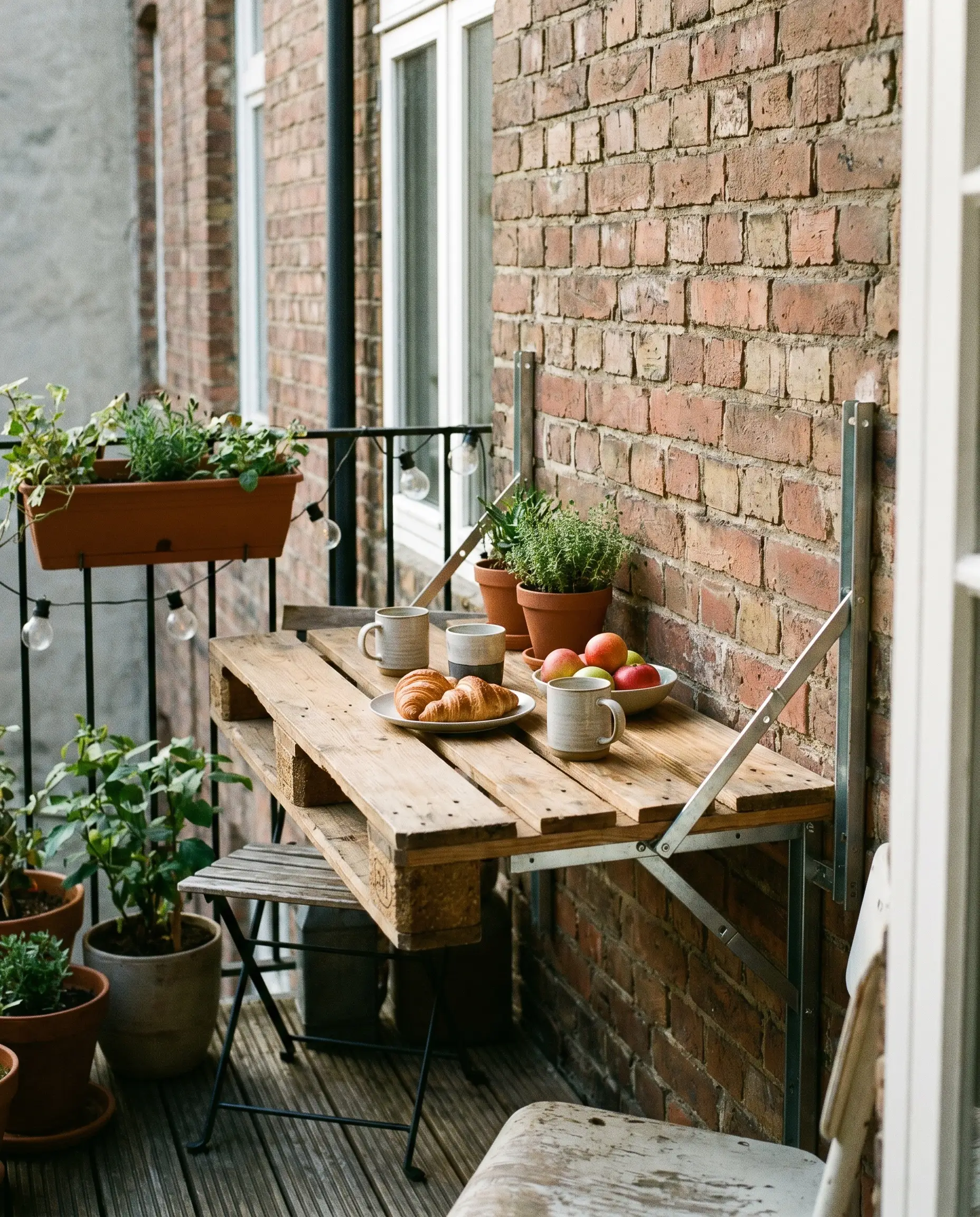 A fold-down balcony dining table created from a halved standard pallet mounts to an exterior brick wall using heavy-duty folding shelf brackets.