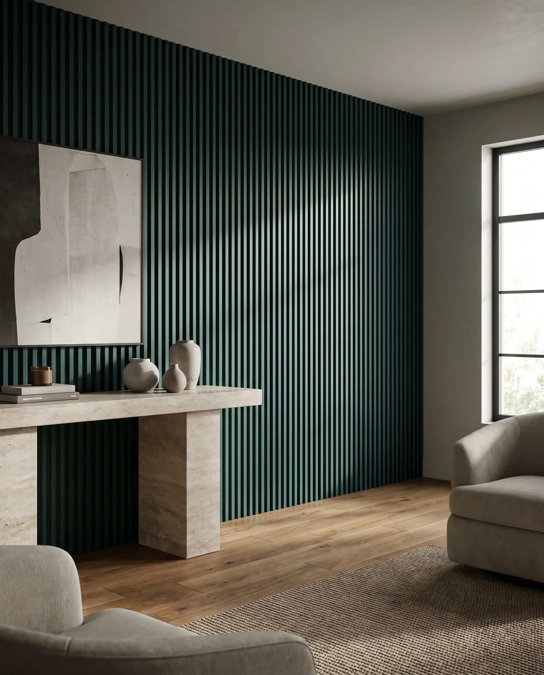 Hunter green fluted panels create a textured green accent wall behind a monolithic stone console table resting on warm oak flooring.