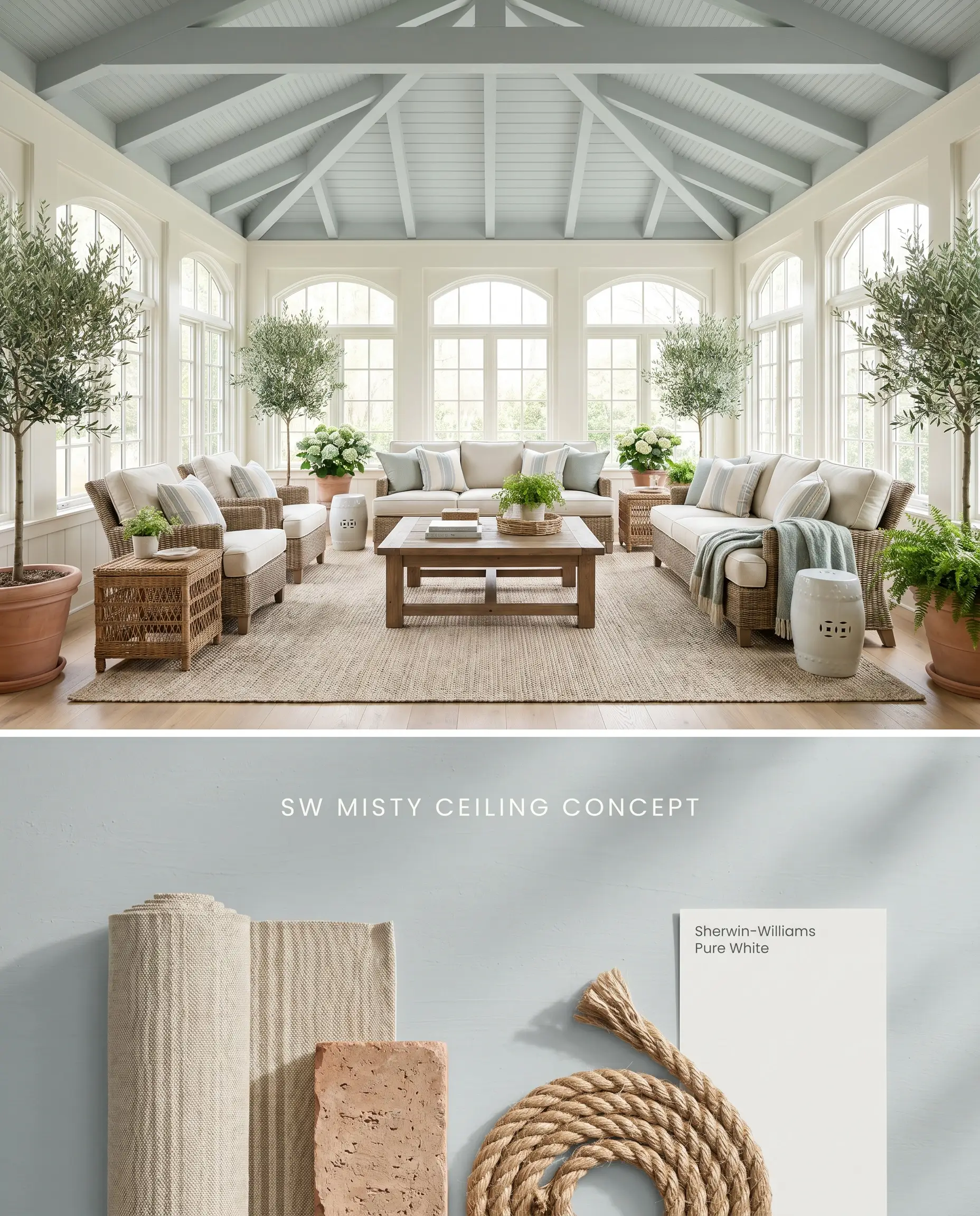 A split digital conceptual board illustrating a Southern Coastal sunroom with a blue-gray chromatic profile ceiling above, and terracotta brick samples below.