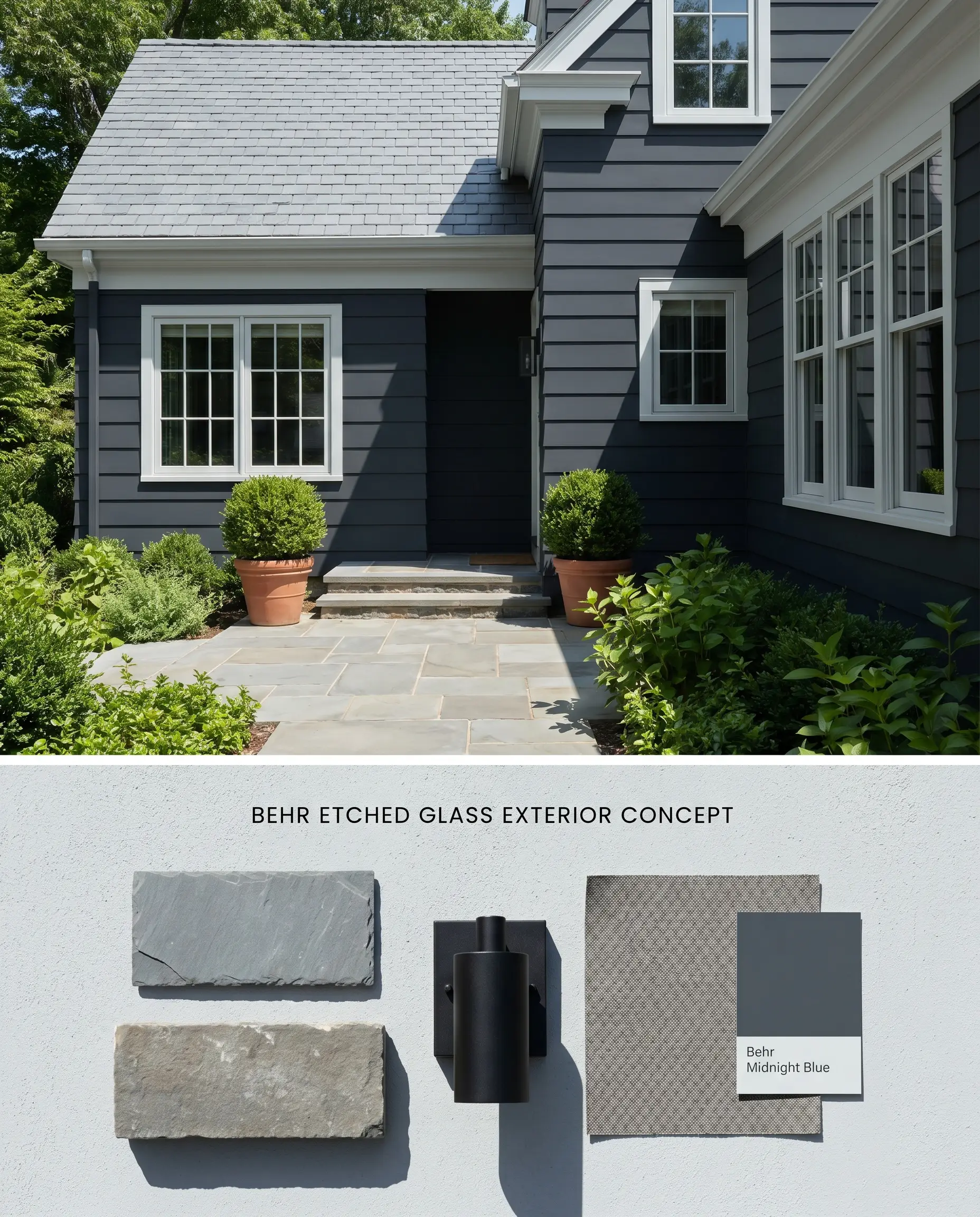 A split conceptual board visualizing an exterior elevation with Behr Etched Glass trim on top, and a bottom flat-lay featuring gray slate and bluestone pavers.
