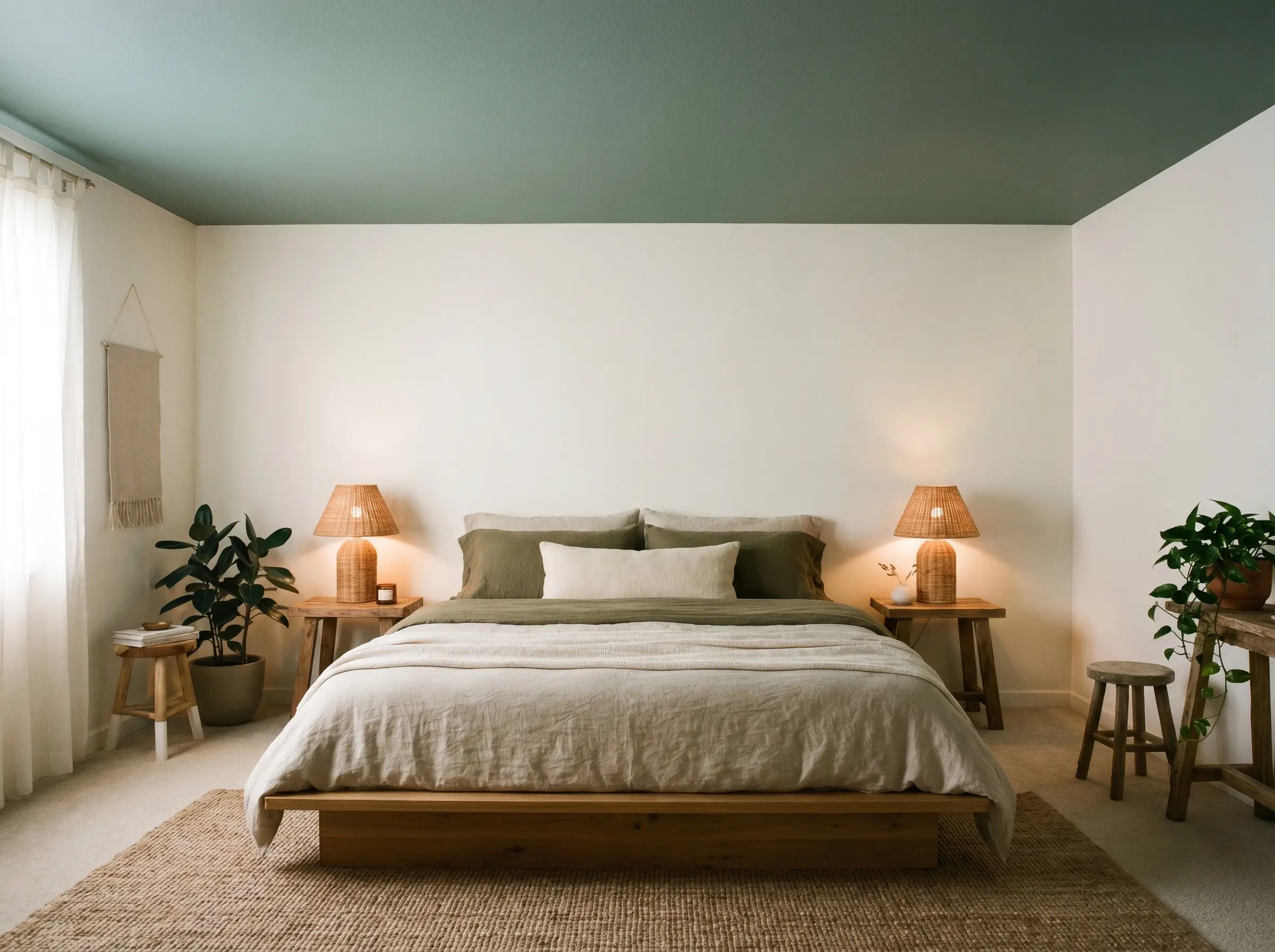 A wooden platform bed with layered linens rests under a muted spruce green-blue canopy, showcasing the best Behr ceiling paint colors.