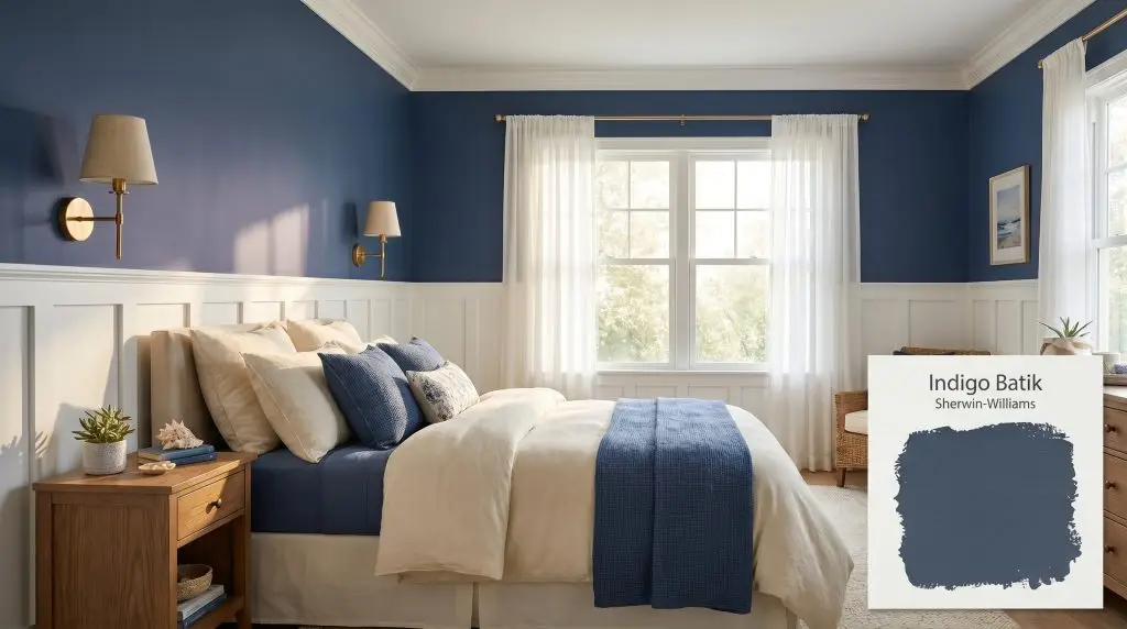 Morning sunlight filters through sheer curtains onto crisp white wainscoting and walls painted in rich navy SW 7602 (Hex #3E5063) with brass sconces.