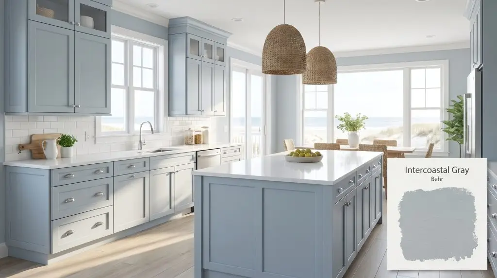 Crisp white quartz countertops and a subway tile backsplash highlight coastal kitchen cabinetry finished in Behr Intercoastal Gray (Hex #a8b5bc).