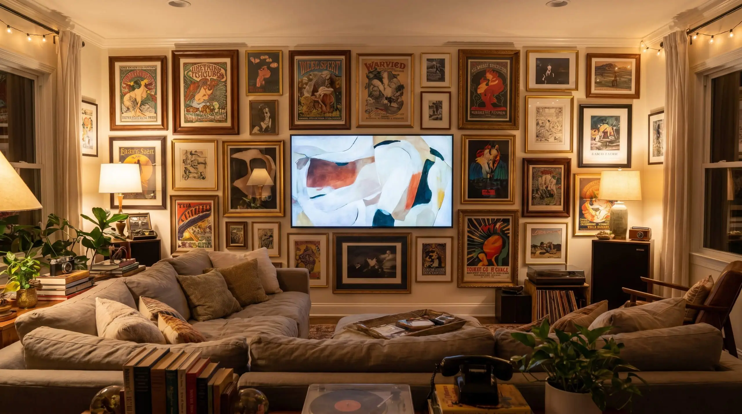 Interior decorating using posters forms an organic asymmetrical gallery wall of mixed media frames that cleverly camouflages a flat-screen television above a comfortable sectional.