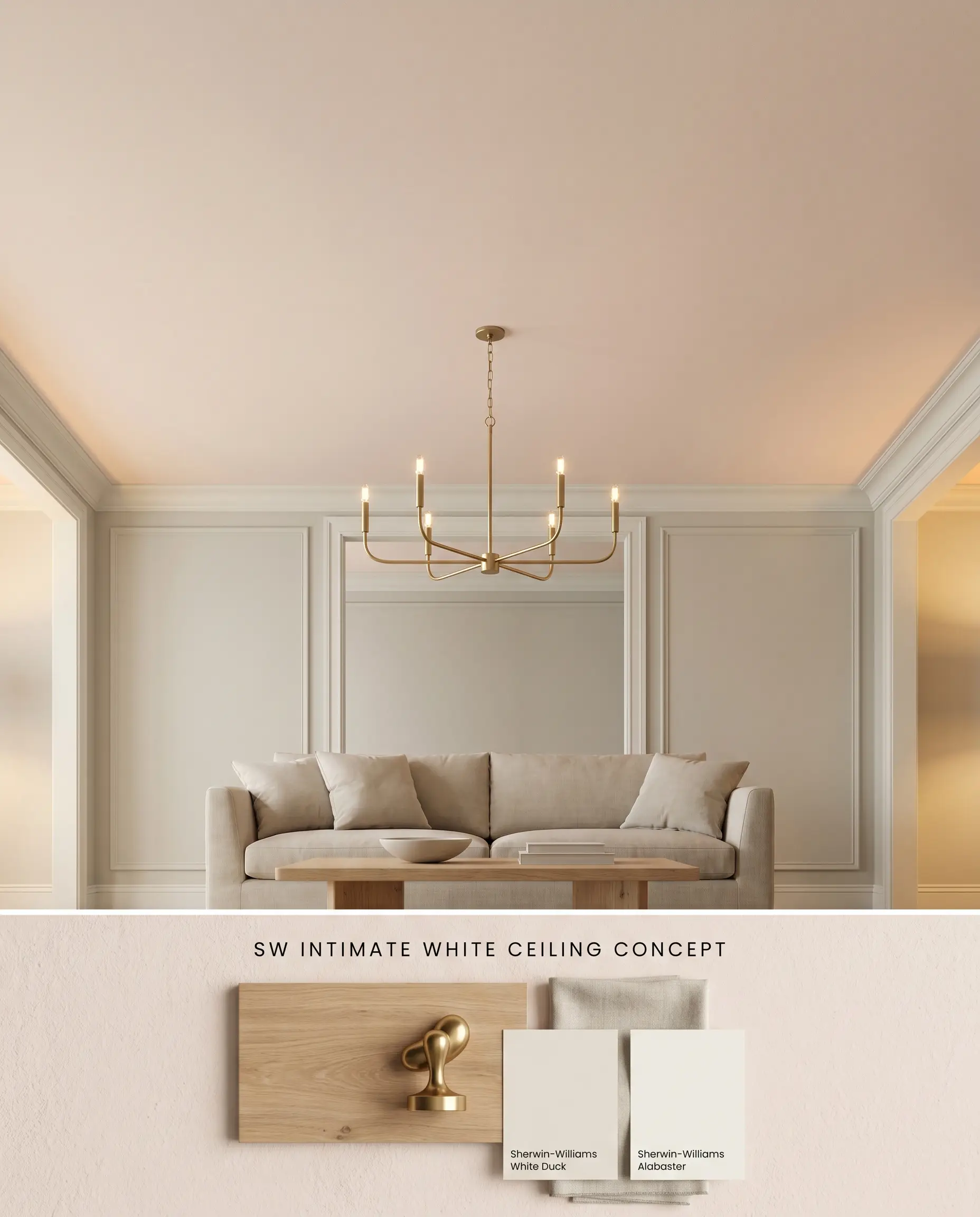 A split digital conceptual board for an expansive living room showcasing an Intimate White painted ceiling above a textured flat-lay of light oak and brass accents.