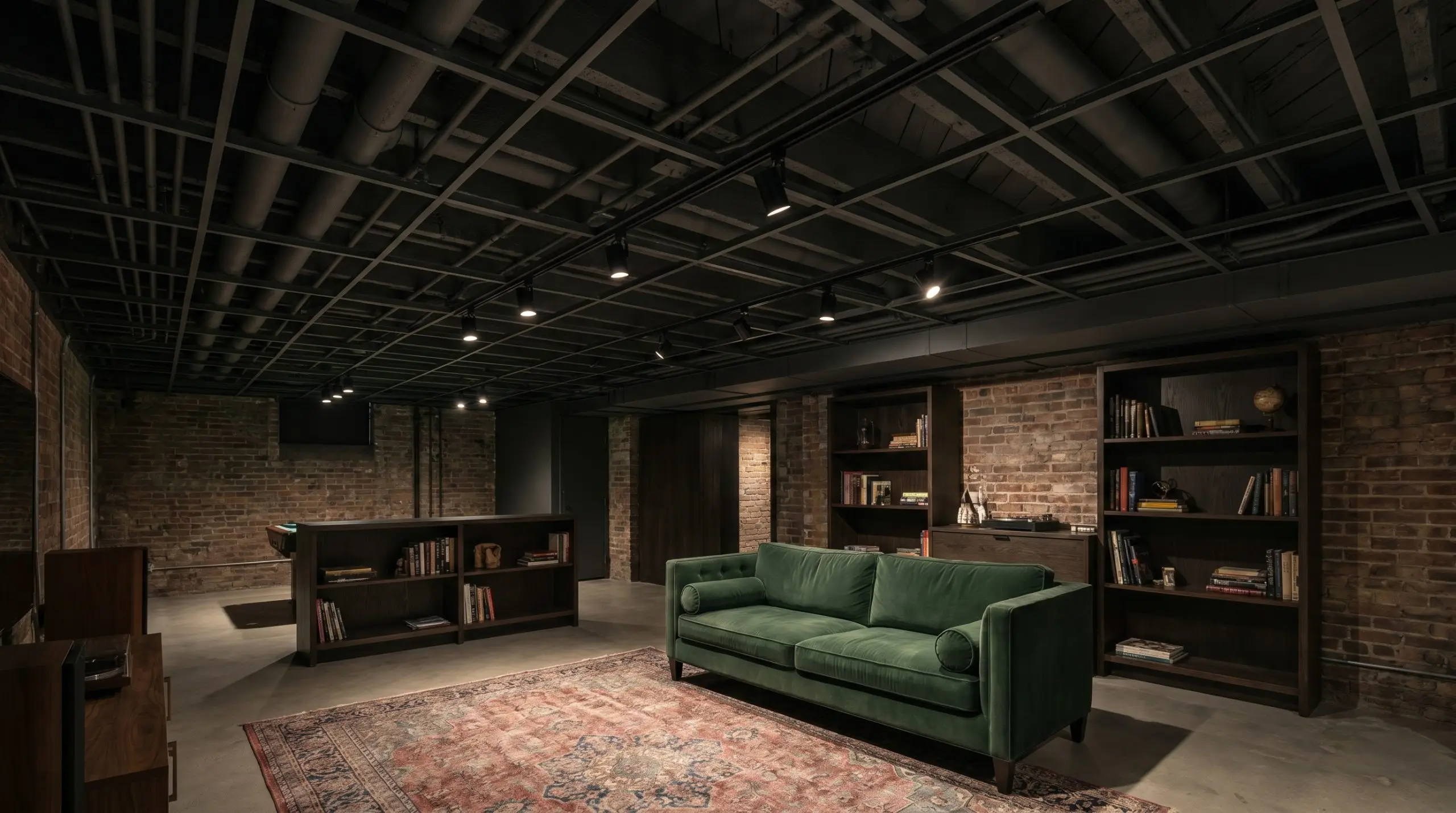 An exposed plenum space and bare T-bar grid painted in flat Iron Ore hover above a moody urban basement lounge featuring a velvet tuxedo sofa.