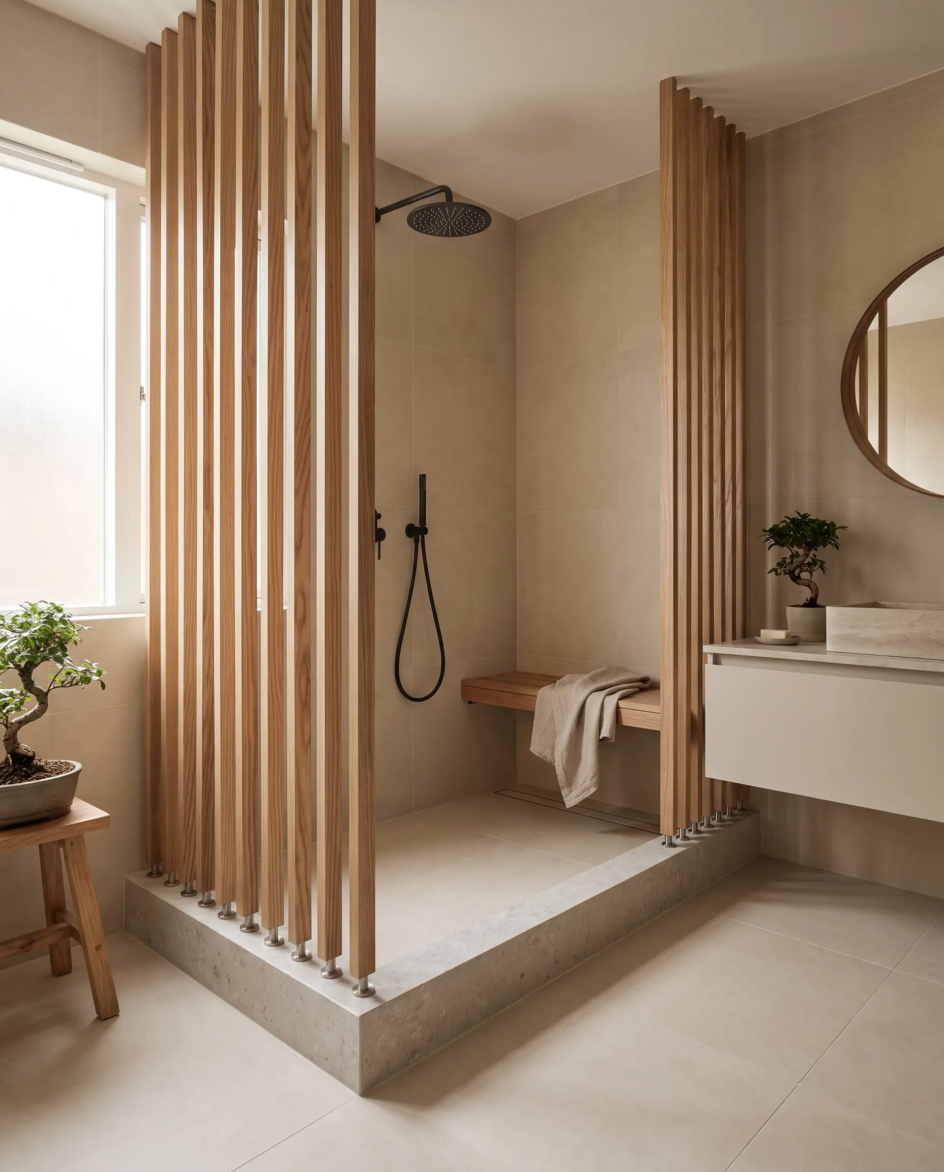 Floating vertical thermally modified ash wood slats are mounted on a raised stone curb with stainless steel pins to separate a Japandi-style splash zone shower.