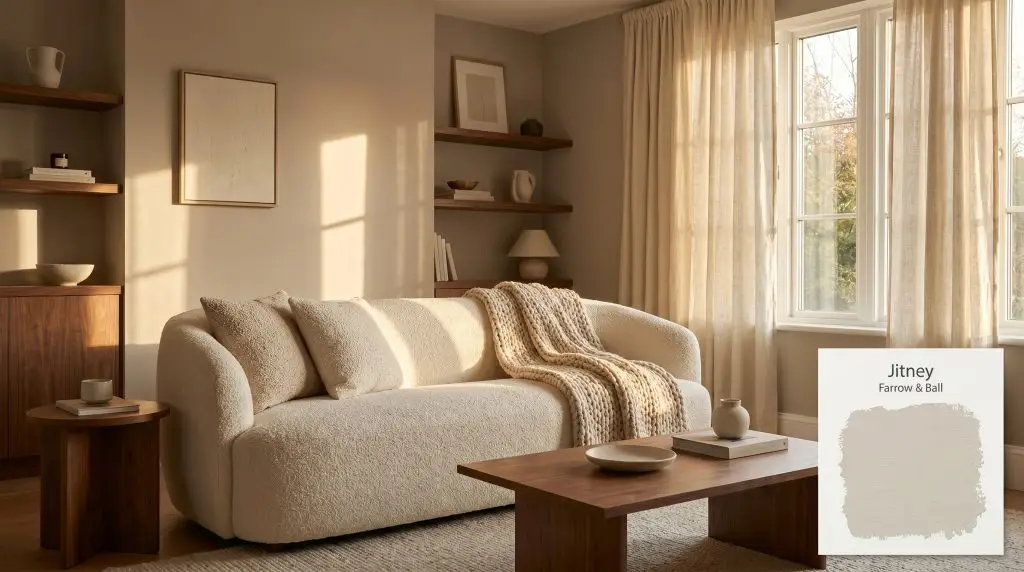 A creamy bouclé sofa, warm walnut wood accents, and textured linen drapery sit within a cozy living room painted in Jitney (Hex #c1b2a2).