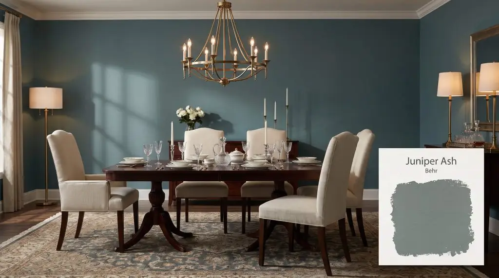 A dark mahogany dining table and brass chandelier anchor this elegant dining room featuring walls painted in Behr Juniper Ash (Hex #798884).