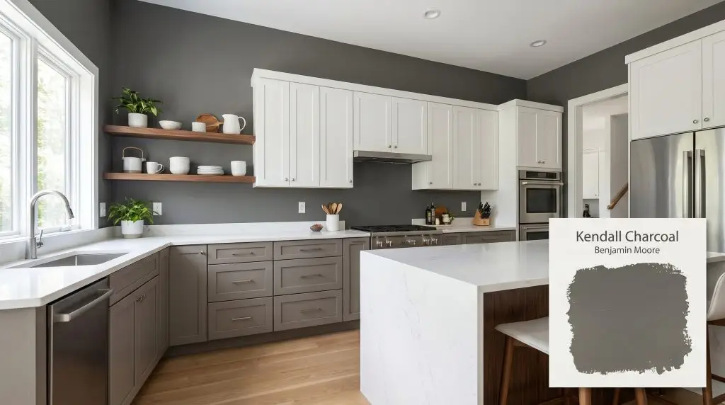 Modern shaker cabinets, white quartz countertops, and floating walnut shelves define a contemporary kitchen anchored by Benjamin Moore Kendall Charcoal (Hex #676662).