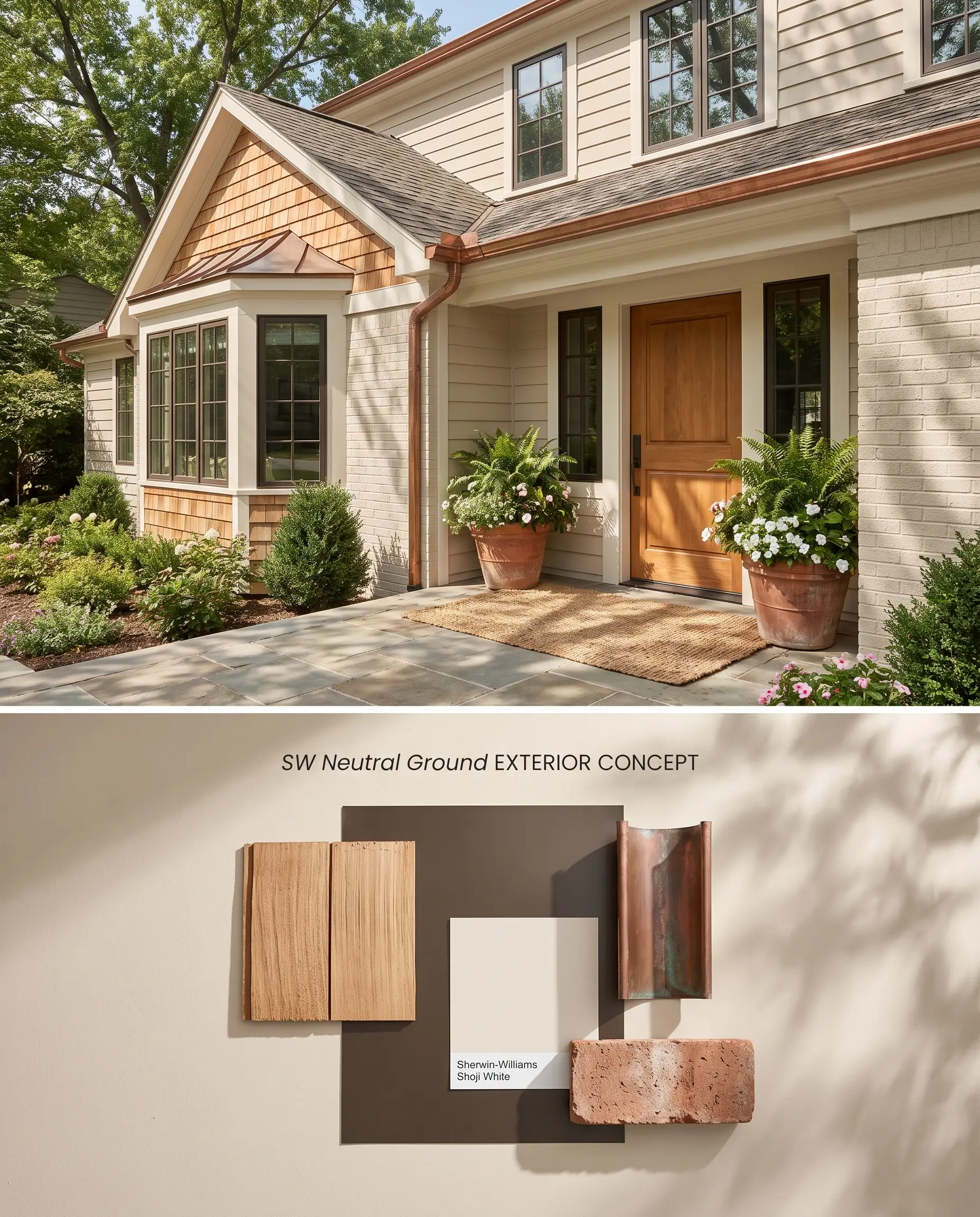 A split digital conceptual board displaying a warm beige exterior facade on top, and a textured heavy-duty flat-lay with cedar and copper underneath.