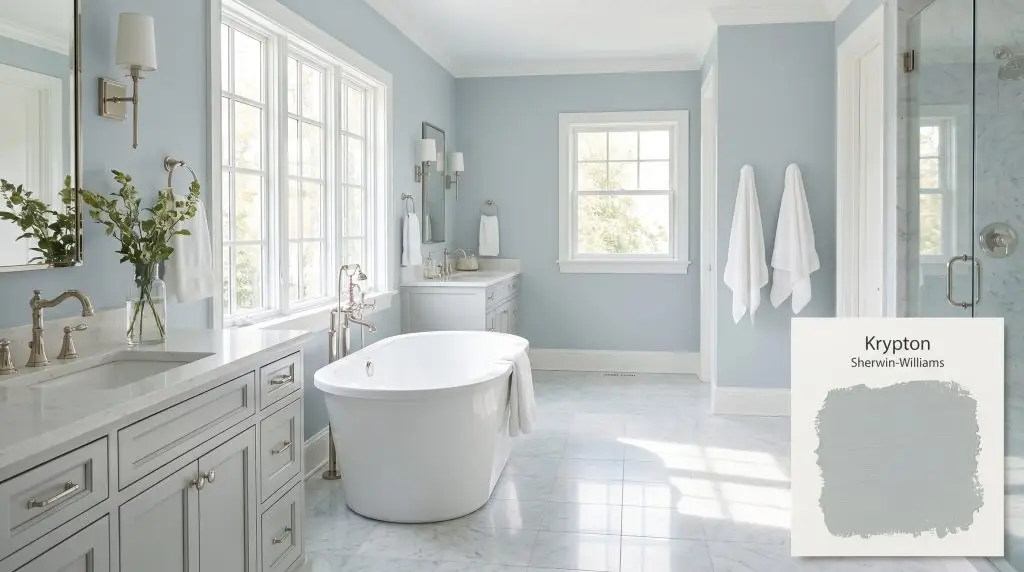 A freestanding white soaking tub rests on light marble flooring surrounded by airy blue-gray walls painted in Sherwin-Williams Krypton (Hex #B8C0C3).