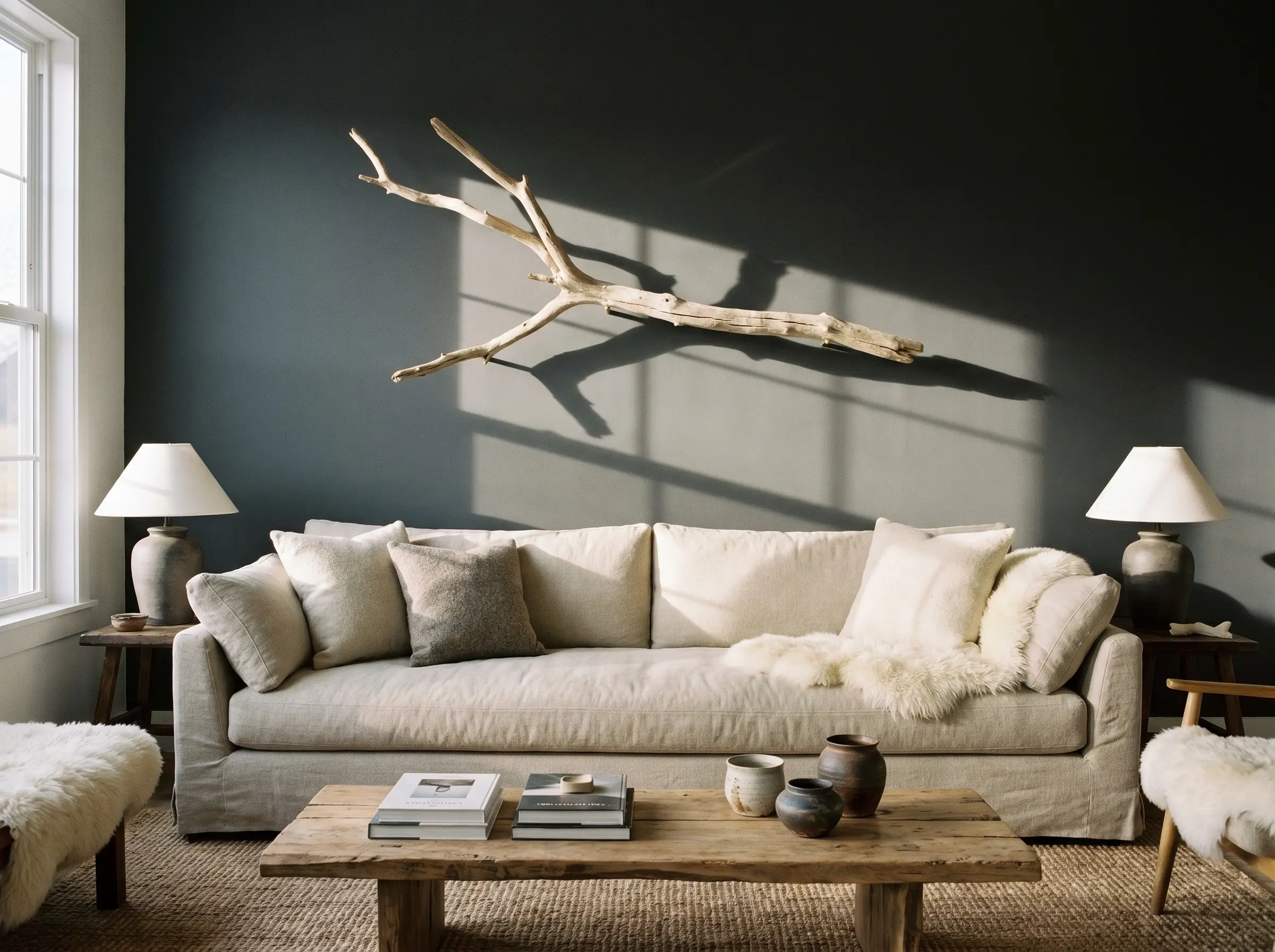 A large bleached driftwood wall art branch floats on brass standoffs above a deep linen sofa against a dark gray living room wall.