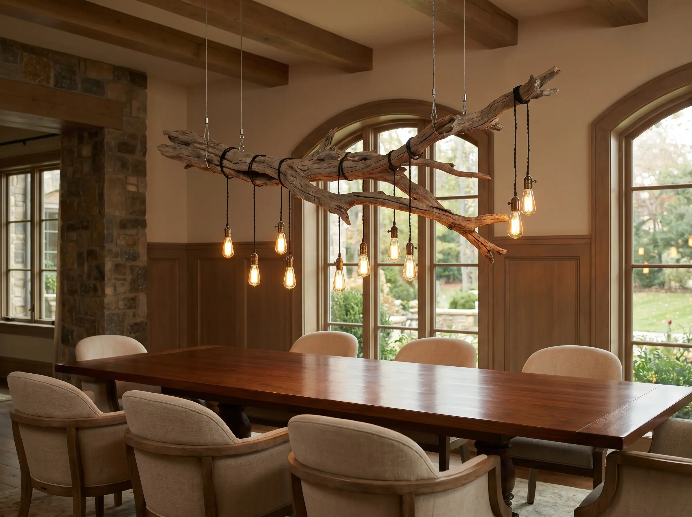 A massive twisting large driftwood sculpture hangs suspended by stainless steel cables above a sleek dining table, intertwined with warm Edison bulbs.