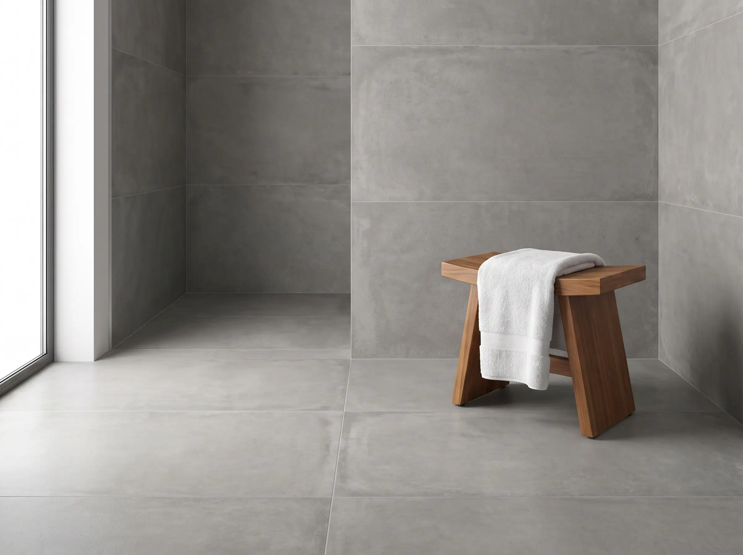 Concrete-look tiles continue seamlessly from the floor up the shower wall in a minimalist luxury wet room featuring a warm wood bath stool.