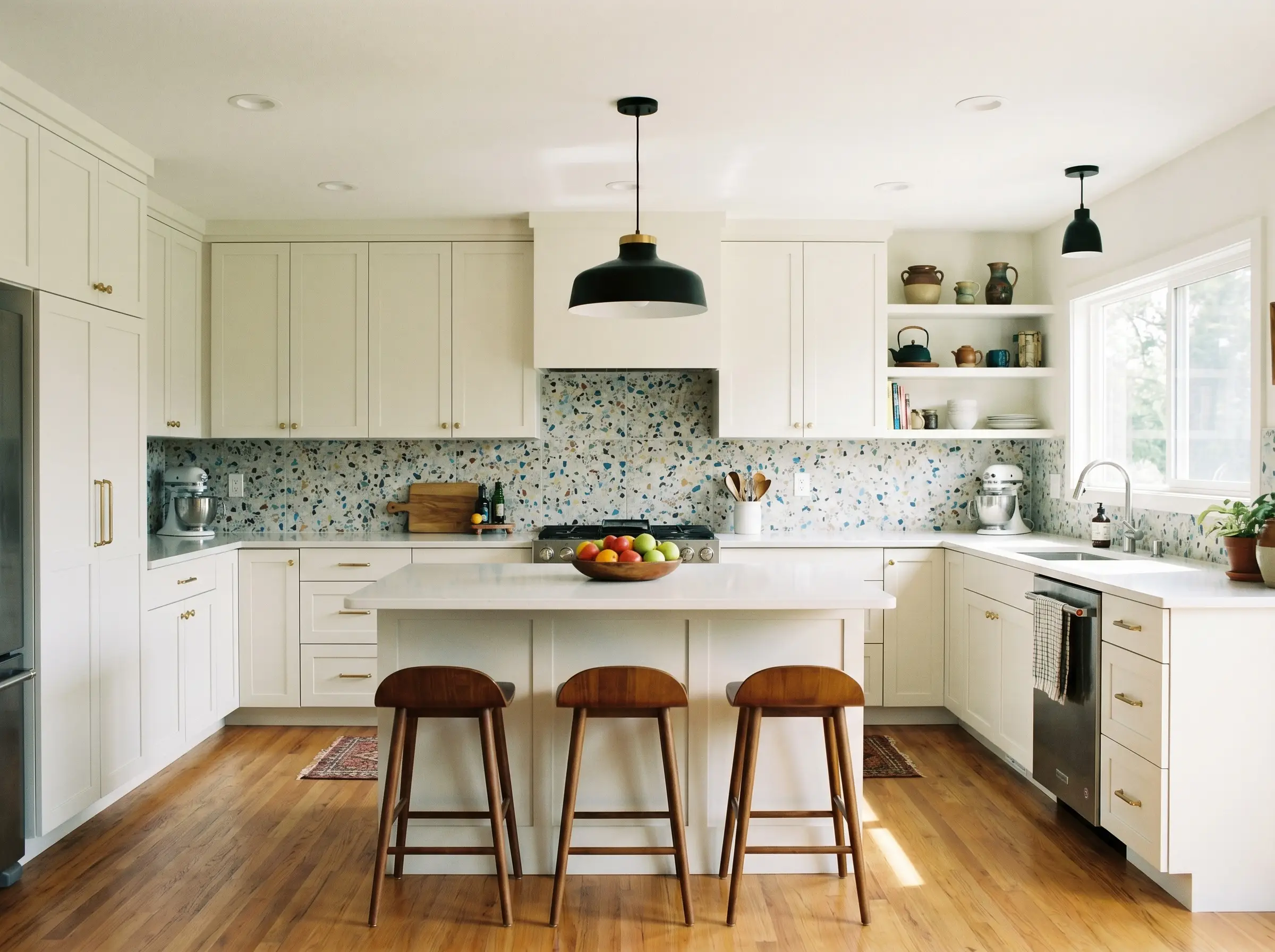Subtle multi-colored aggregate details a 24x24-inch authentic cement terrazzo backsplash bridging solid white quartz countertops and Benjamin Moore Super White mid-century revival cabinetry.