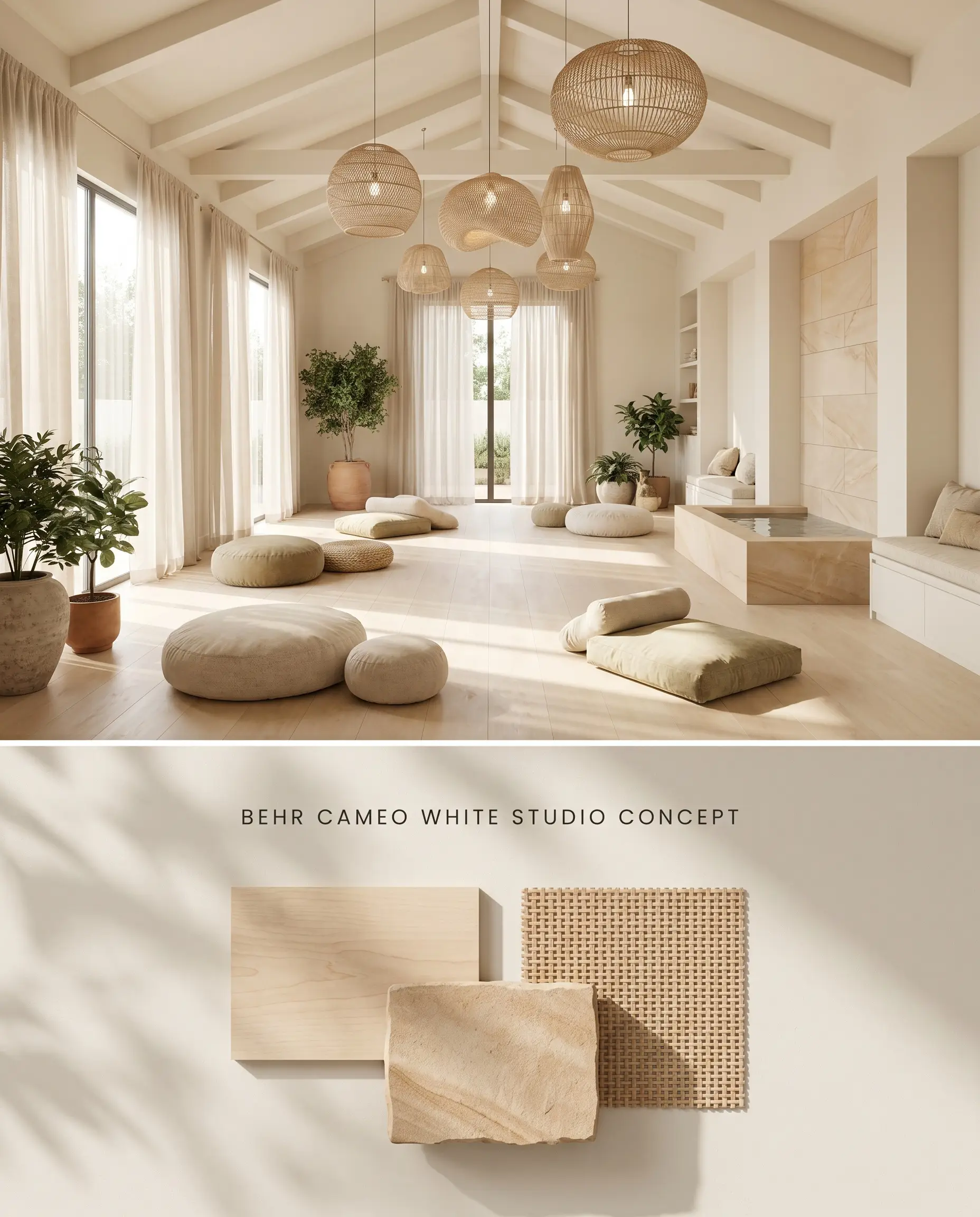 Presented as a split digital conceptual board for a tranquil yoga studio, the image highlights warm off-white walls alongside pale maple wood, honed sandstone, and woven rattan samples.