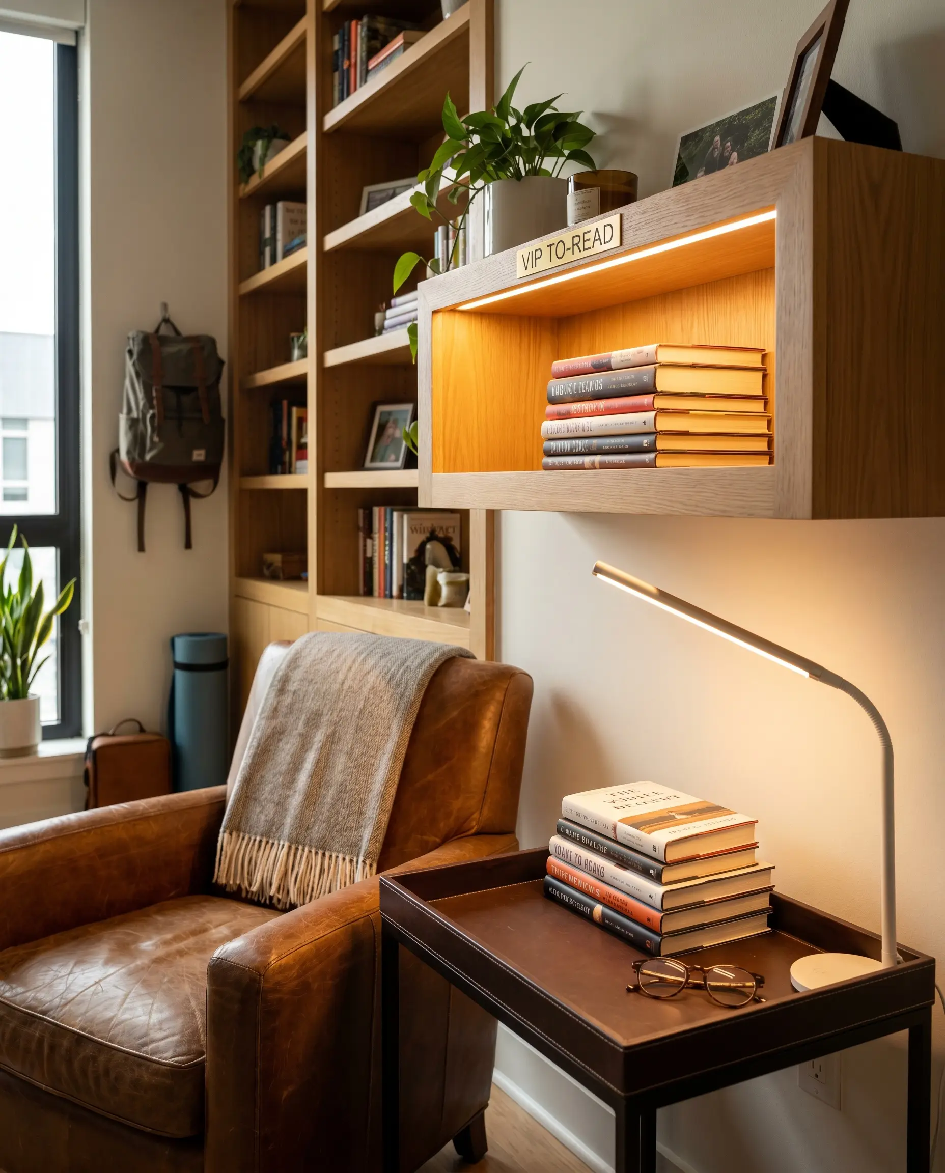 A distinct leather desk pad tray demarcates a dedicated eye-level reading shelf, holding a curated stack of current books in an apartment library.