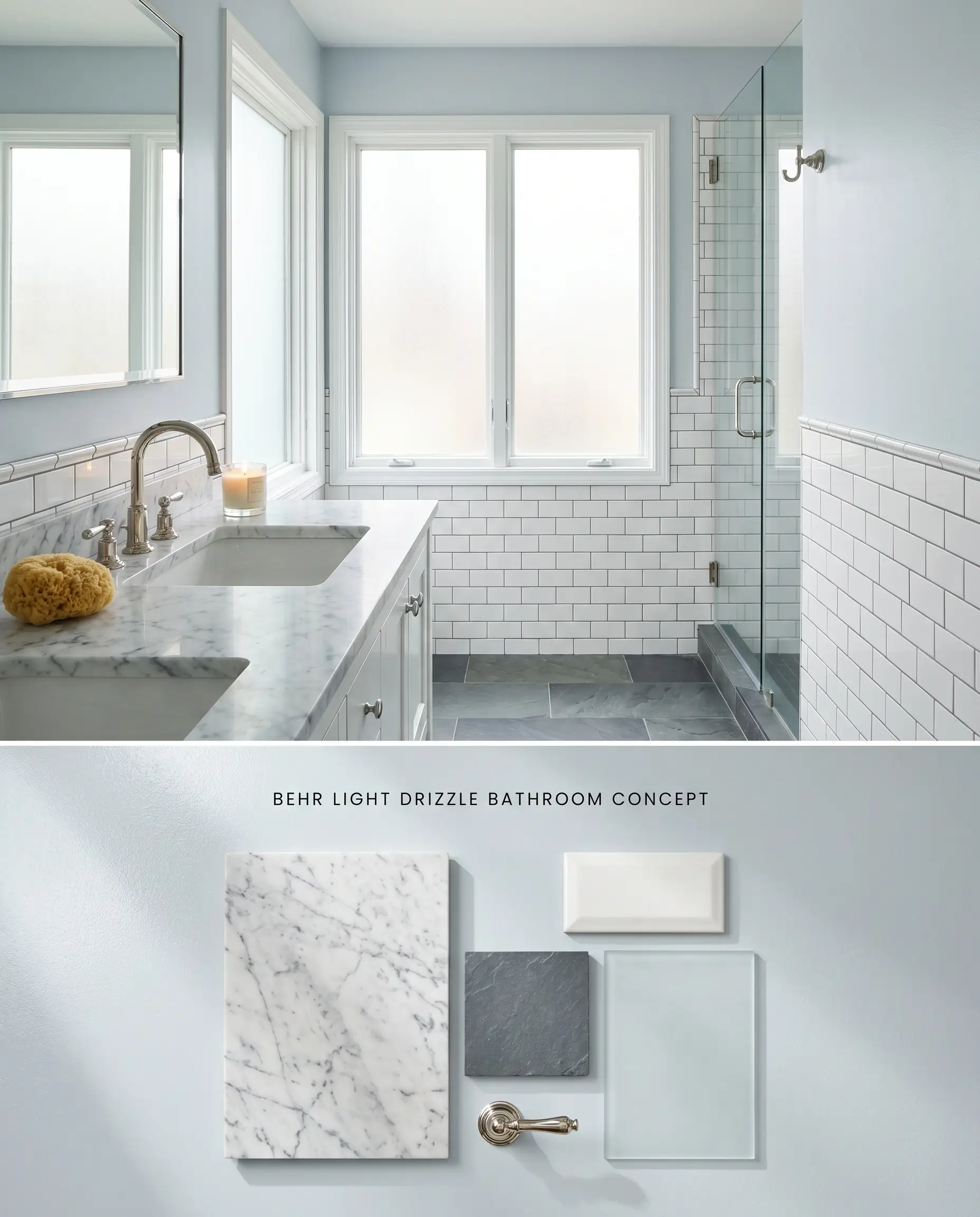 A split digital conceptual board for a spa bathroom, featuring slate undertones above a tactile flat-lay of heavily veined Carrara marble and polished nickel.