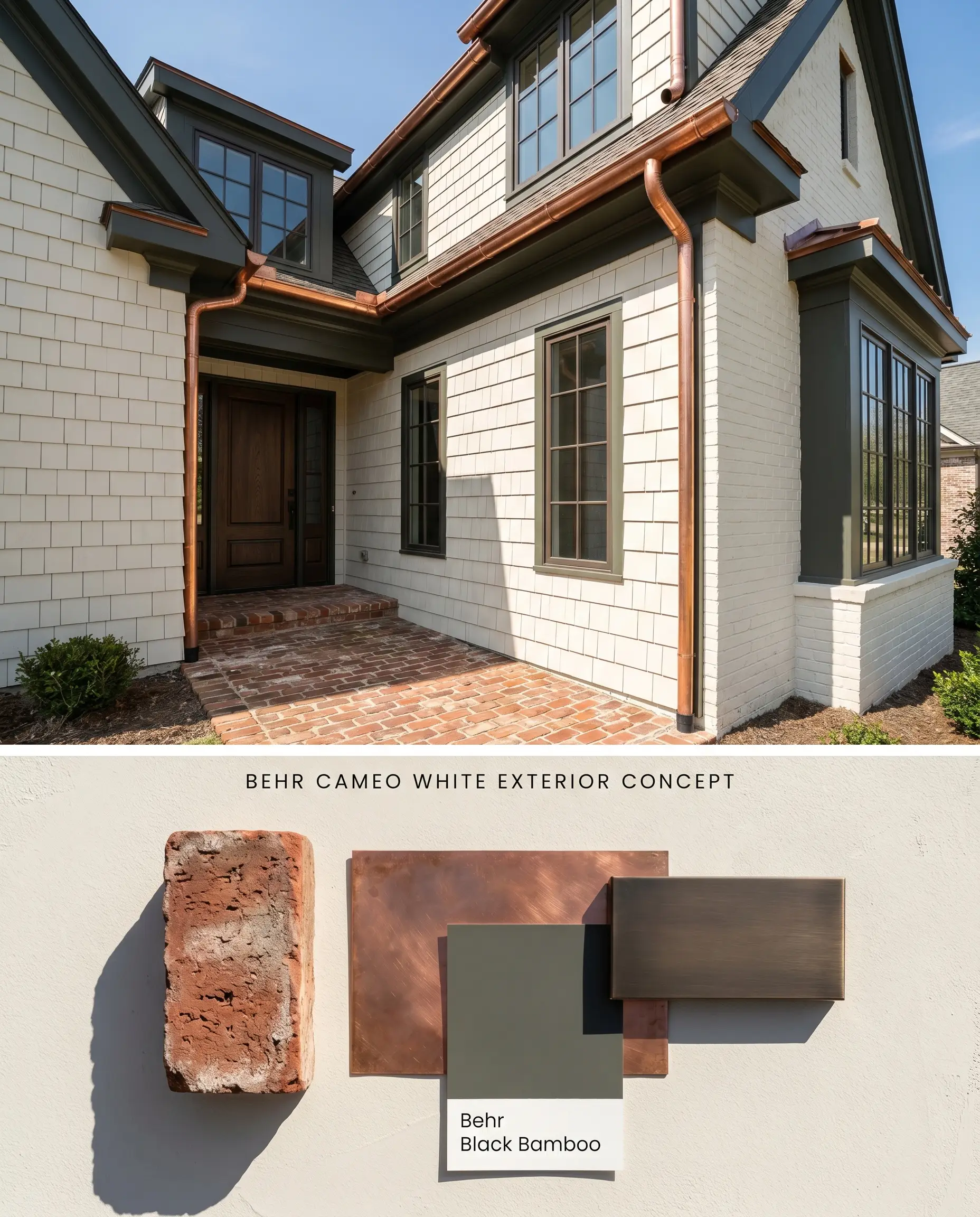 Structured as a split digital conceptual board, this exterior facade showcases Behr Cameo White cedar siding above a flat-lay of tumbled brick, copper, and bronze.