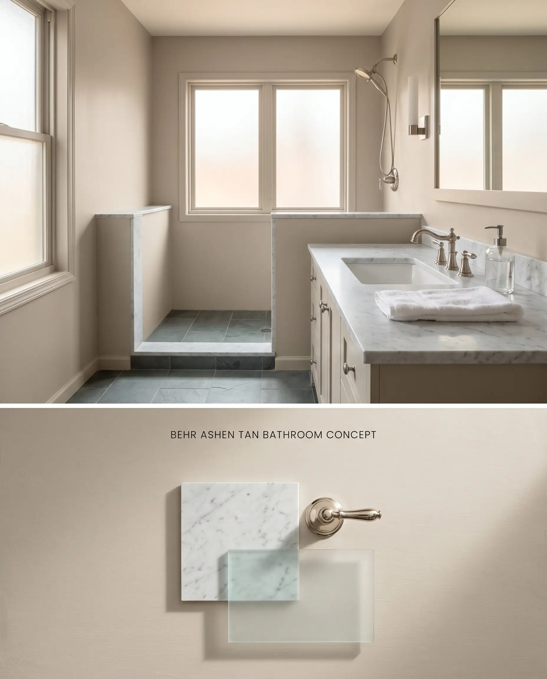 A split digital conceptual board highlighting a bathroom painted in Behr N220-2 above a curated flat-lay of honed Carrara marble, slate, and polished nickel plumbing fixtures.